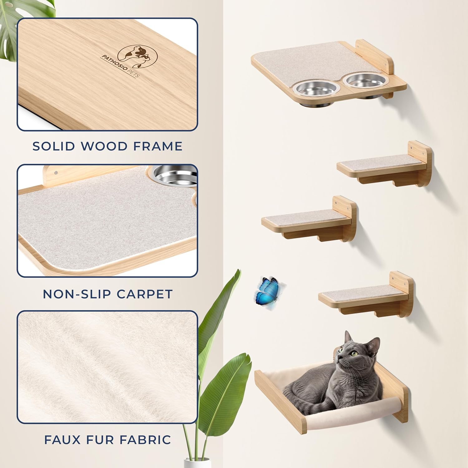 Space-Saving Cat Wall Shelves – Interactive Cat Wall Climber with Hammock & Dog Proof Feeding Station for Small & Medium Indoor Breeds – Solid Natural Wood with Beige Carpet
