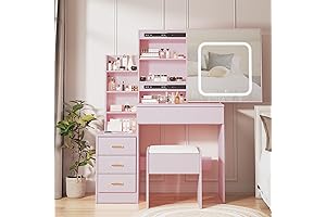 Charming Vanity Desk with Pink Storage Shelves and LED Mirror for a Dream Bedroom