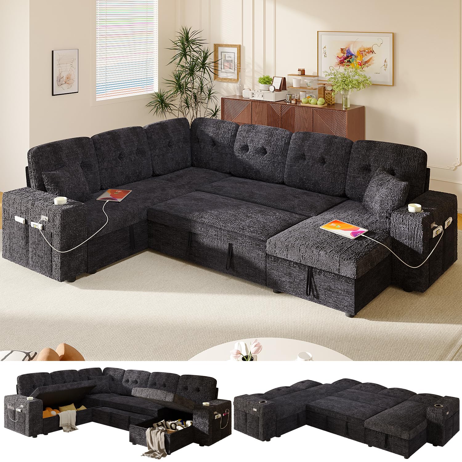108 Inch Modular Sectional Sleeper Sofa Bed 4-in-1 Pull Out Couch Bed with Adjustable Backrest Hidden Storage Wide