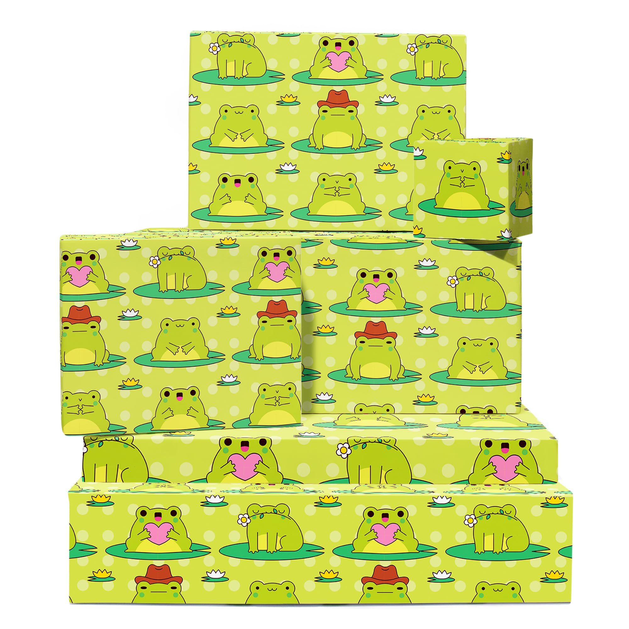 Green Wrapping Paper - 6 Sheets Of Gift Wrap With Tags - Cute Frogs On Lily Pads - Funny Wrapping Paper For Birthday Anniversary Valentines Day - Recyclable - By Central 23