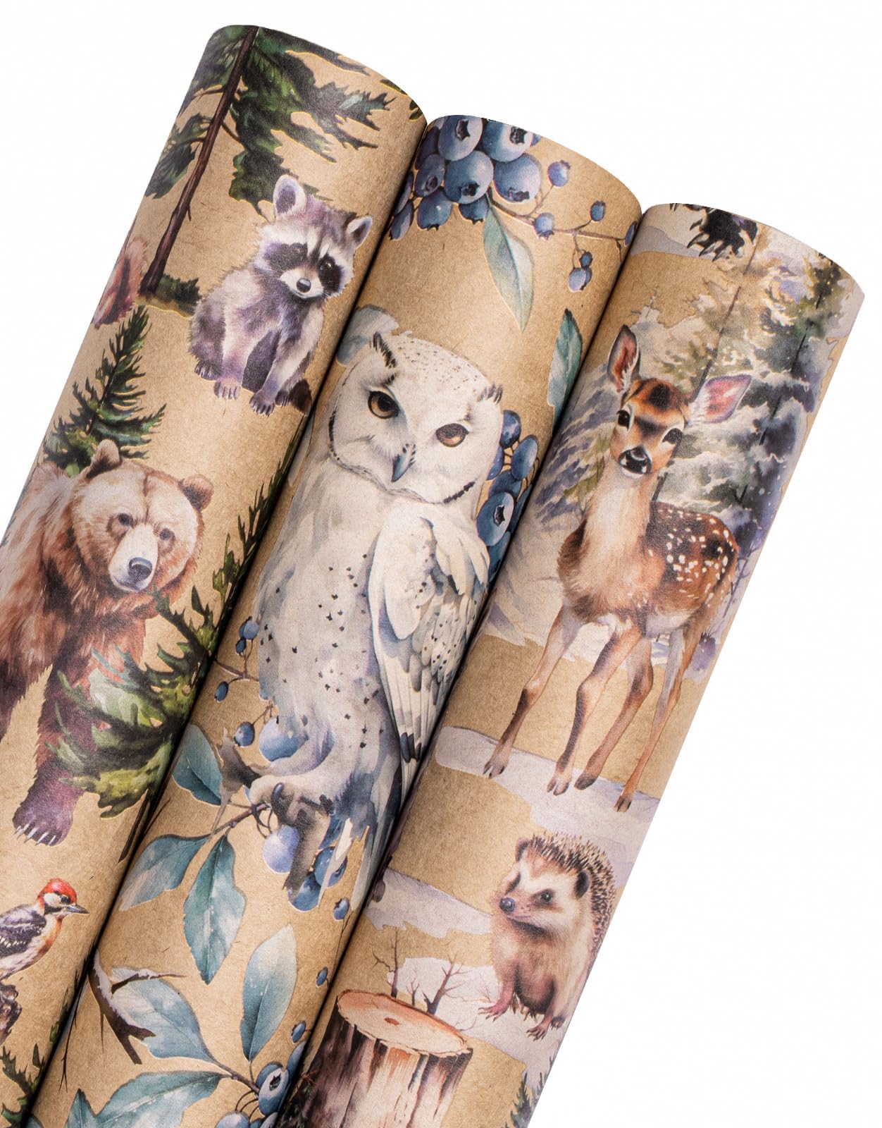 WRAPAHOLIC Kraft Christmas Wrapping Paper - 3 Rolls, 17" x 120" Per Roll - Wild Animals Winterfall Watercolor Holiday Collection
