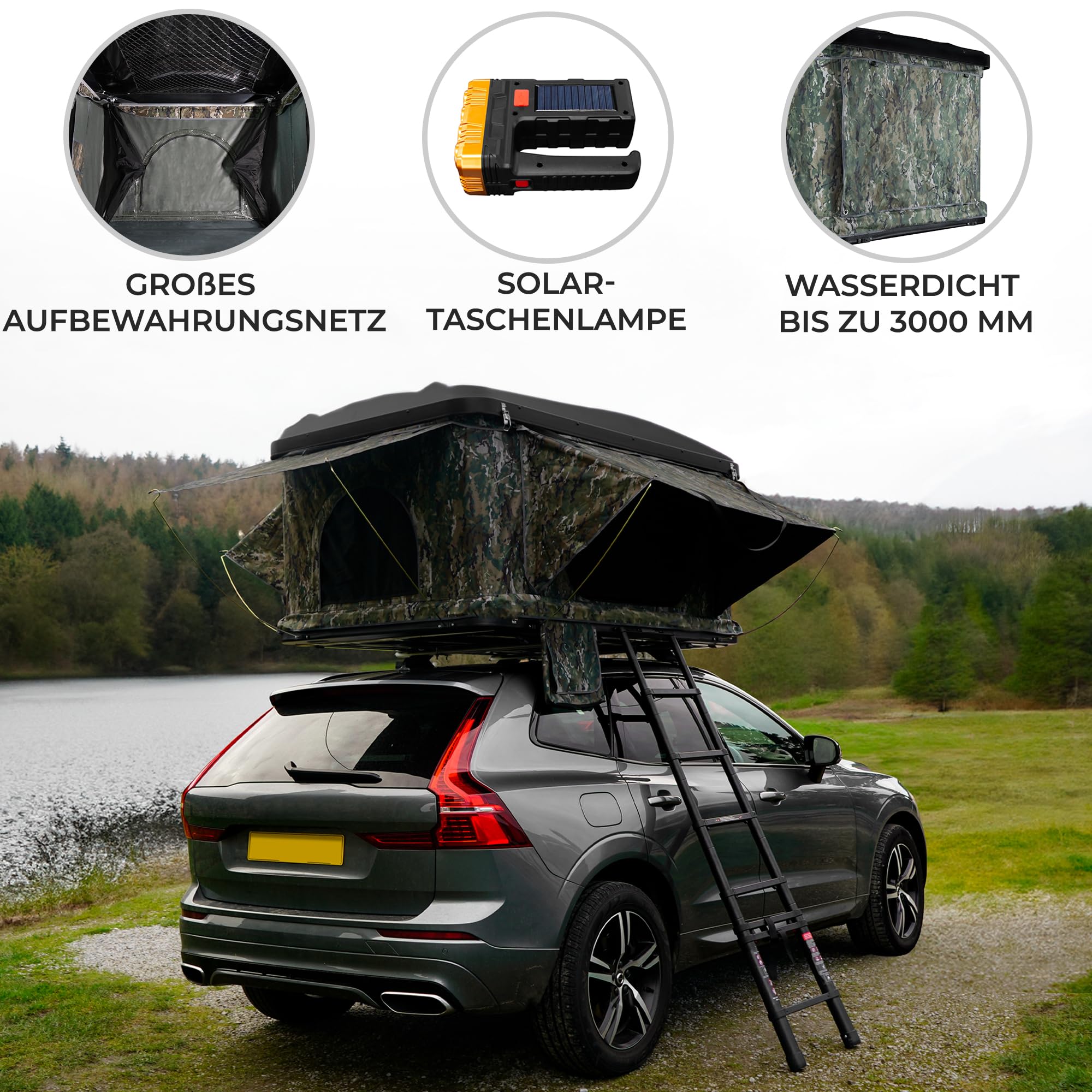 Hartschalen Autodachzelt Dachzelt Box für 2-3 Personen ABS 3-15 Sek. Pop-Up 3000mm Wasserdicht Auto PKW Outdoor Camping Leiter 5,5cm Matratze Stiefeltaschen GRATIS Netz & Solar Taschenlampe