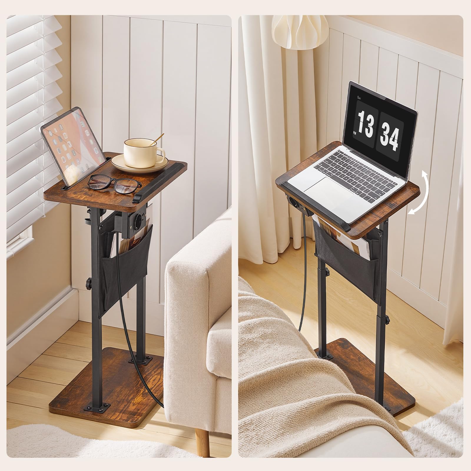 HOOBRO Mesa Auxiliar de Altura Regulable Entre 50,5-75,5 cm y Base de Carga, Mesa de Sofá con Tablero Inclinable, Mesita de Noche con Bolsas y Ranura para Tabletas, Marrón Vintage y Negro EBF435CBZ01