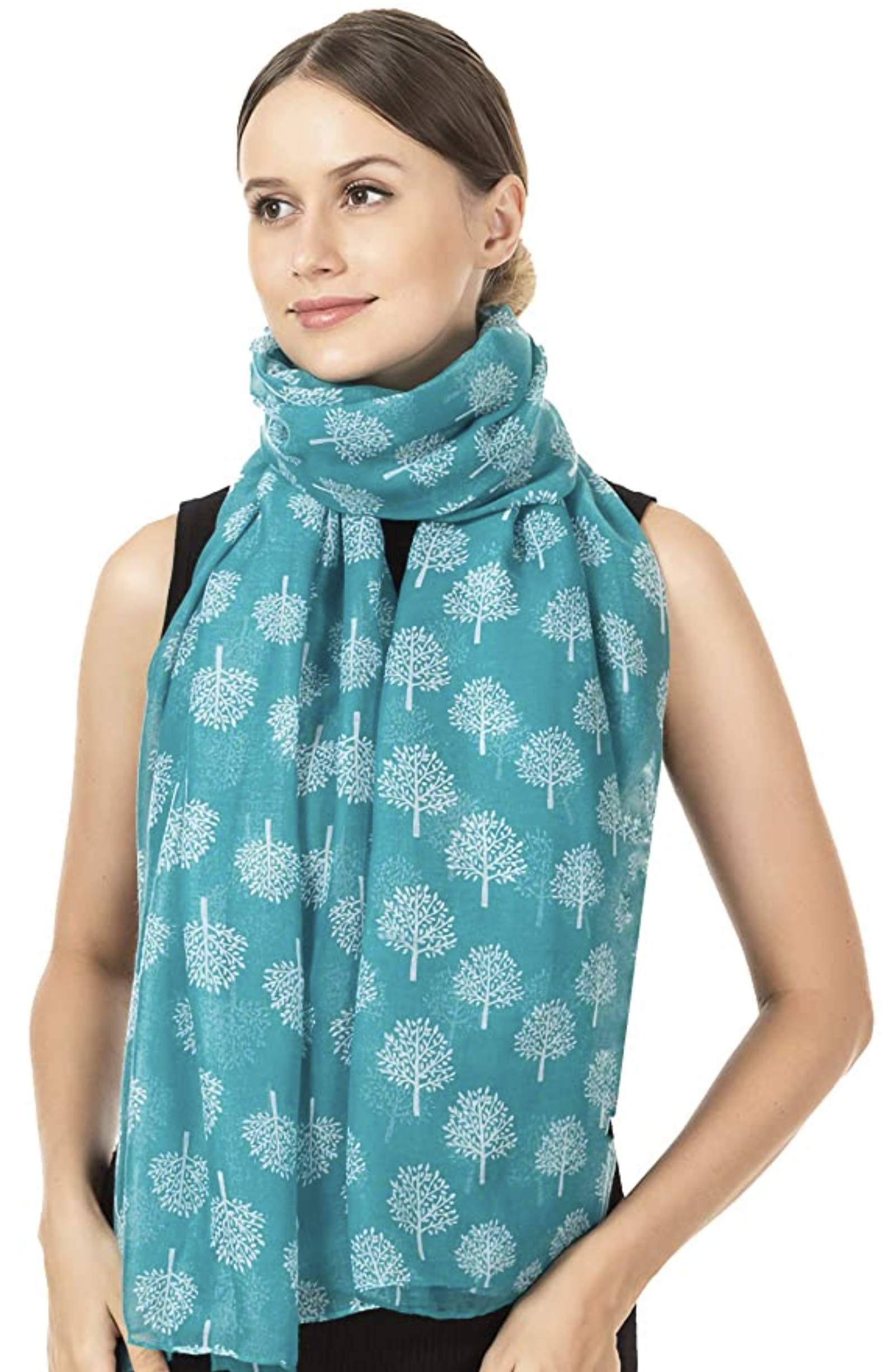 World Of Shawls Women's Teal With White Mulberry Tree Print Scarf New Celebrity Style Long Scarf Scarves Maxi Sarong Sale (Teal With White Mulberry Tree Print Scarf)