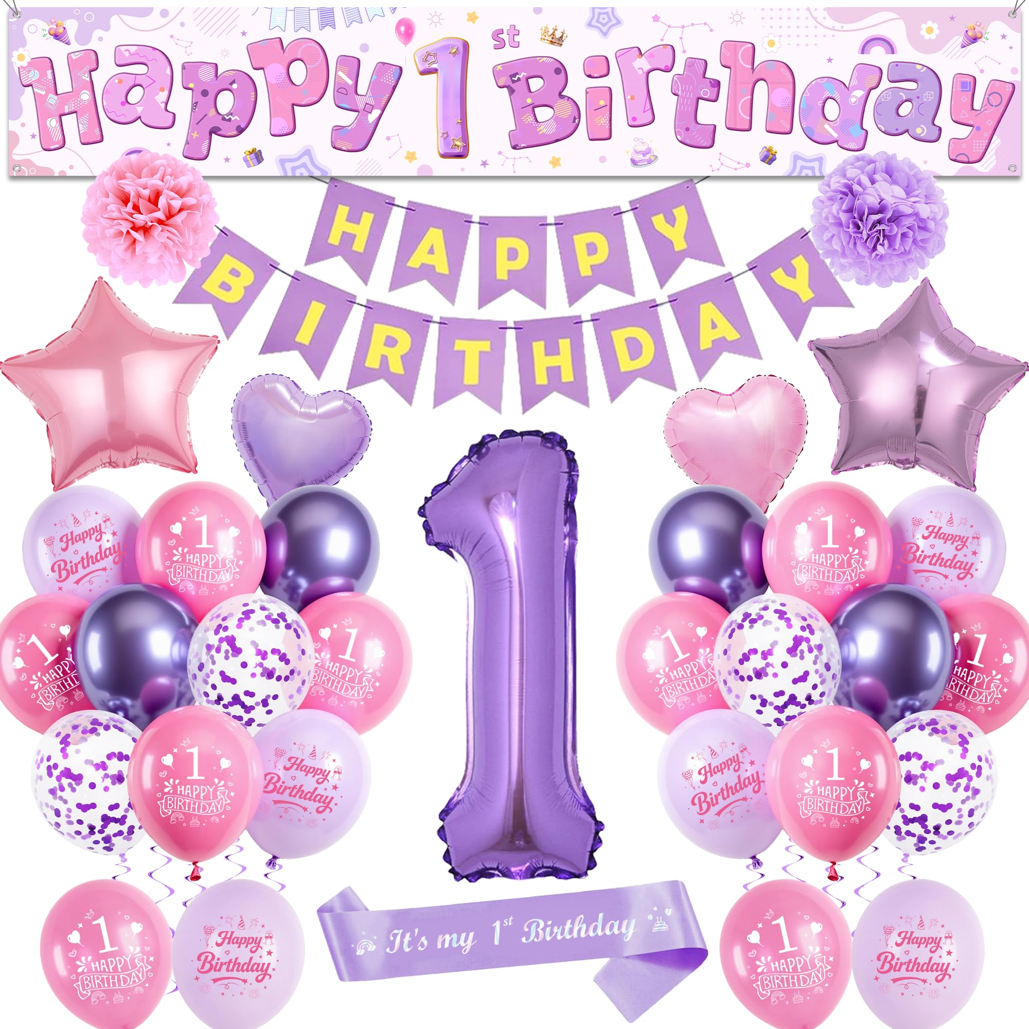 1st Birthday Decorations Balloons Girls - Pink Purple Large Happy 1st Birthday Yard Banner(25 X 150 Cm) Mit Sash, Stars Crowns Number 1 Foil Balloons and Paper Pompoms for 1 Year Olds Party