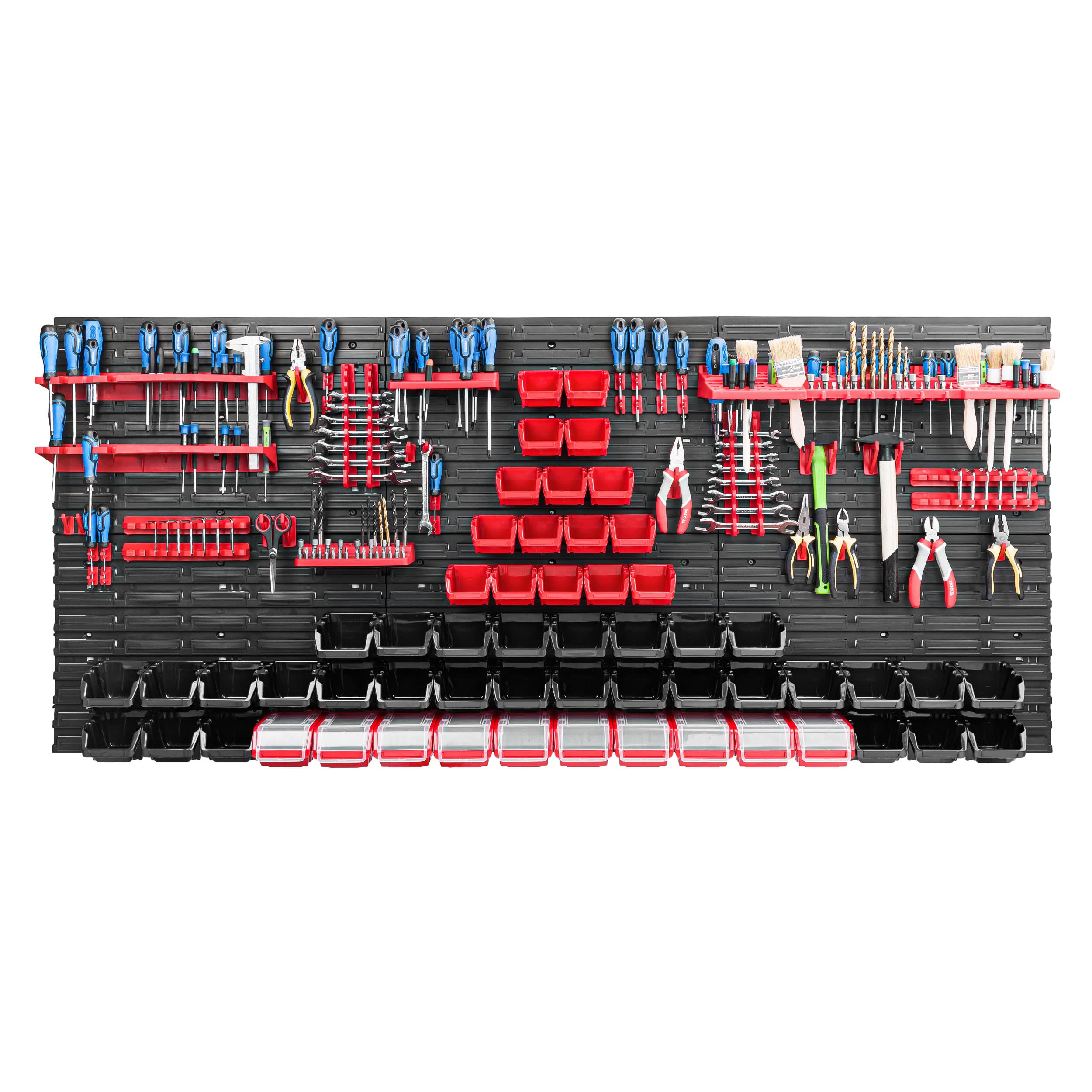 Sistema de almacenamiento para taller, 172 x 78 cm, caja de 56 unidades, estantería de pared con soportes para herramientas y cajas apilables, placas de pared extrafuertes, estantería de