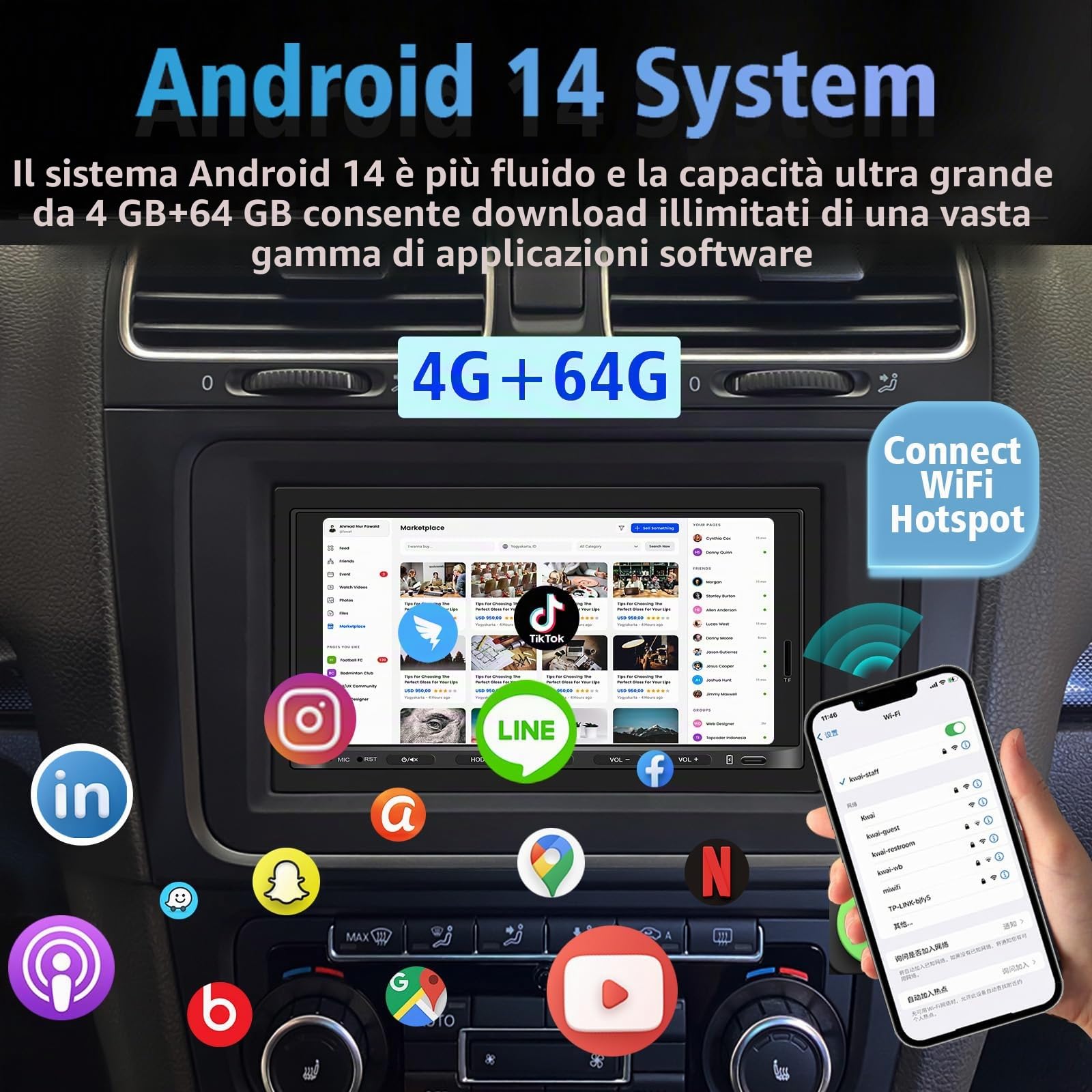 4G+64G 8 Core (2CA75+ 6CA55) Autoradio Android 14 con schermo, autoradio doppio Din da 7 pollici, autoradio DAB Plus per la maggior parte dei modelli, CarPlay wireless e Android Auto, navigazio