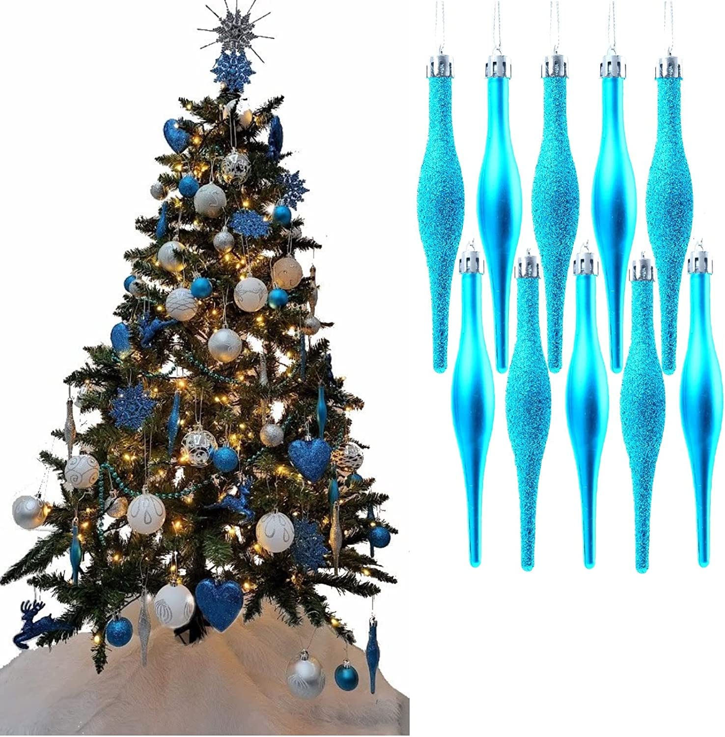Ukdeals Direct Pack Of 10 Droplets 120Mm Ukdeals Direct® Turquoise Collection Christmas Droplet Baubles Tree Decorations Glitter Matt Icicles… (Pack Of 10 Droplets 120Mm)