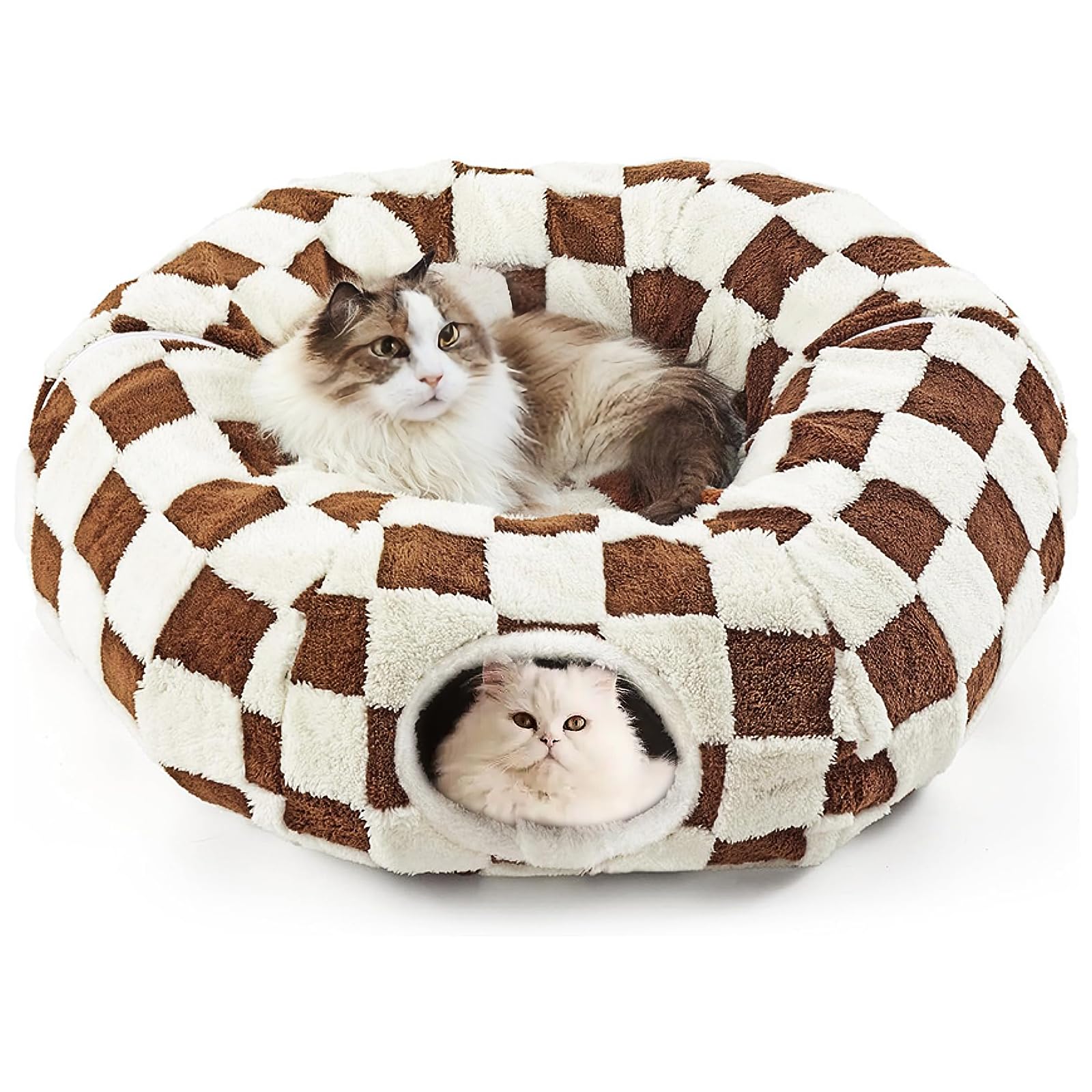 DFENGDF Cat Tunnel Bed with Washable Cushion for Indoor Cat, Donut Cave Tube Toys for Kitten Puppy Rabbit, Brown