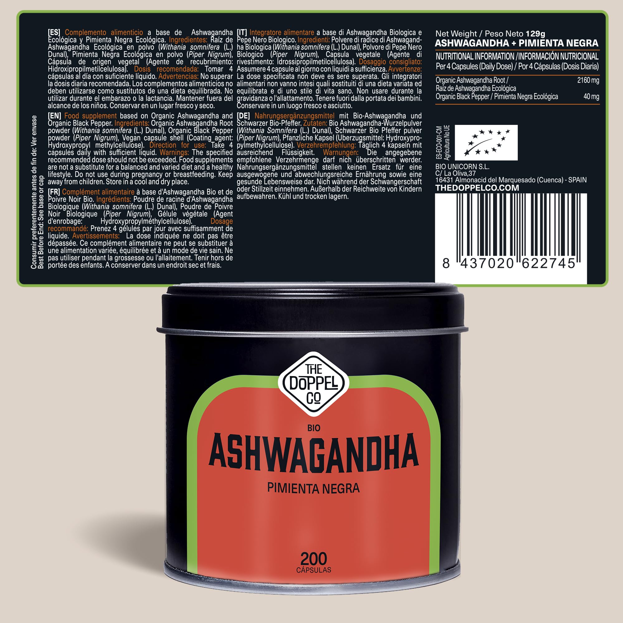 Ashwagandha Capsule 2160 mg - 200 Capsule Vegetali - Radice di Ashwagandha BIO con Pepe Nero -Withania Somnifera Alto Assorbimento - Senza Additivi - Senza Plastica - Certificazione Biologica