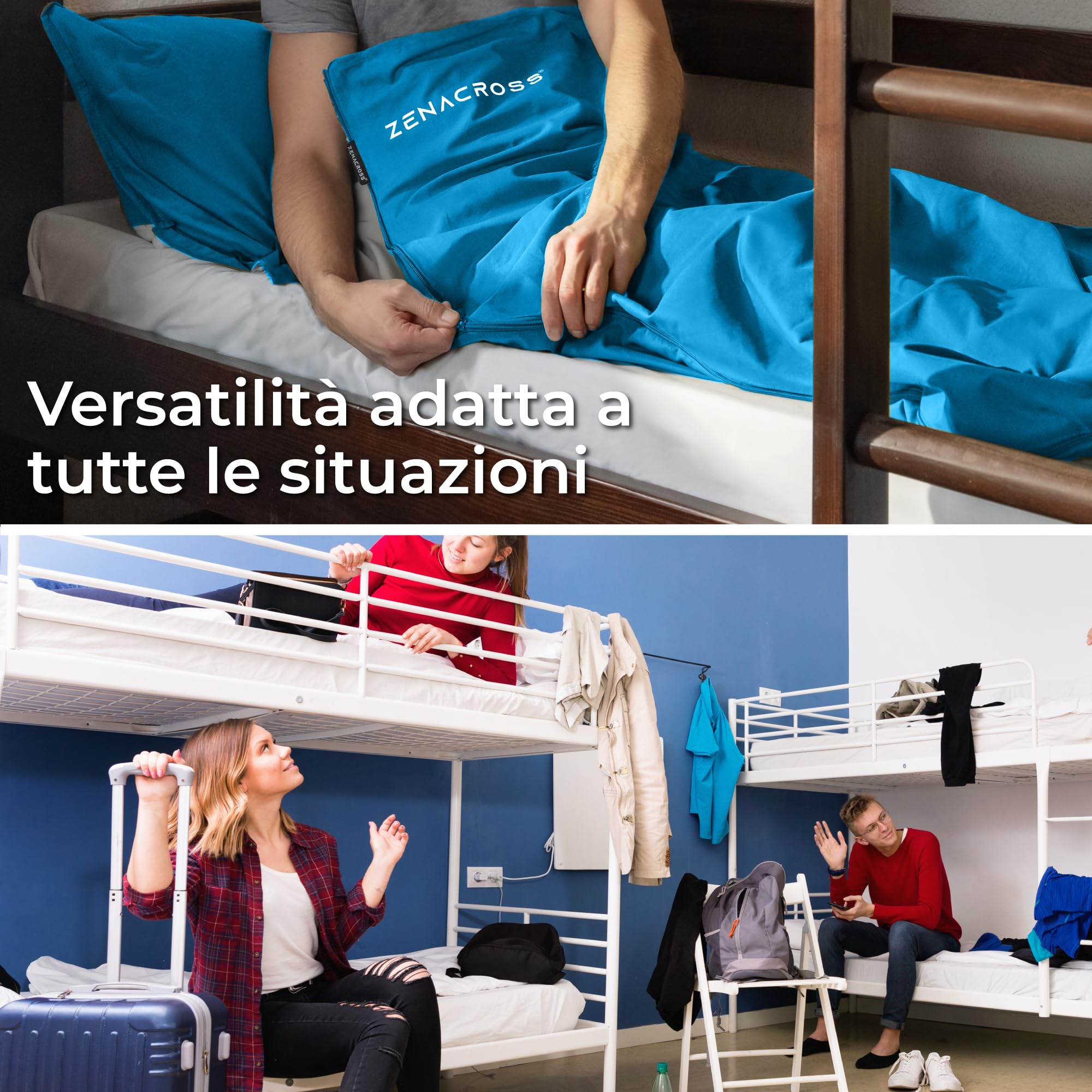 Zenacross - Sacco Lenzuolo da Viaggio - Sacco Letto Singolo Ultraleggero e Compatto - 100% Cotone - Saccoletto con Scomparto per Cuscino - Sacco Lenzuolo Cotone Singolo