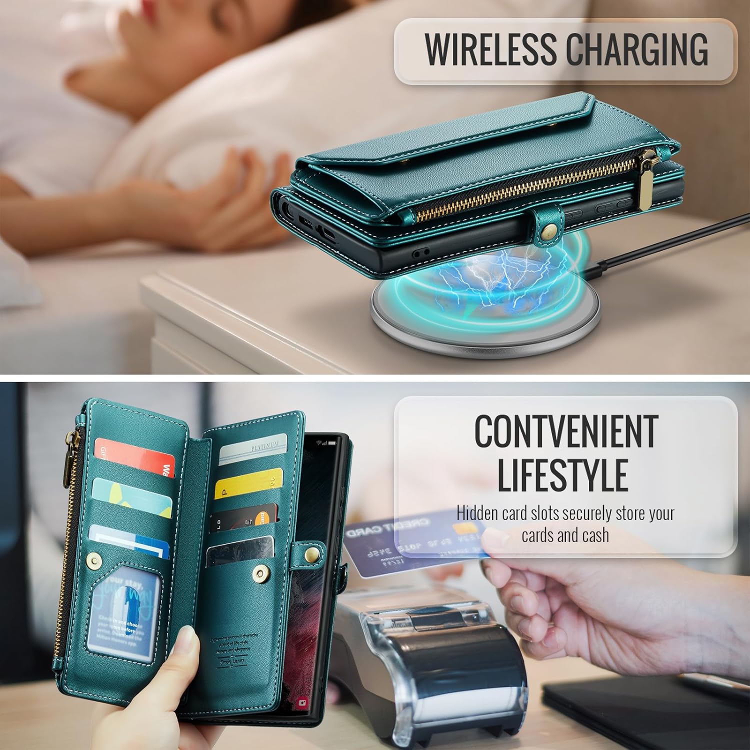 Asuwish Phone Case for Samsung Galaxy S22 Ultra 5G Zipper Wallet Cover with Tempered Glass Screen Protector and Flip RFID Blocking Card Holder Cell S22ultra 22S S 22 S22ultra5g 6.8 Women Girls Green