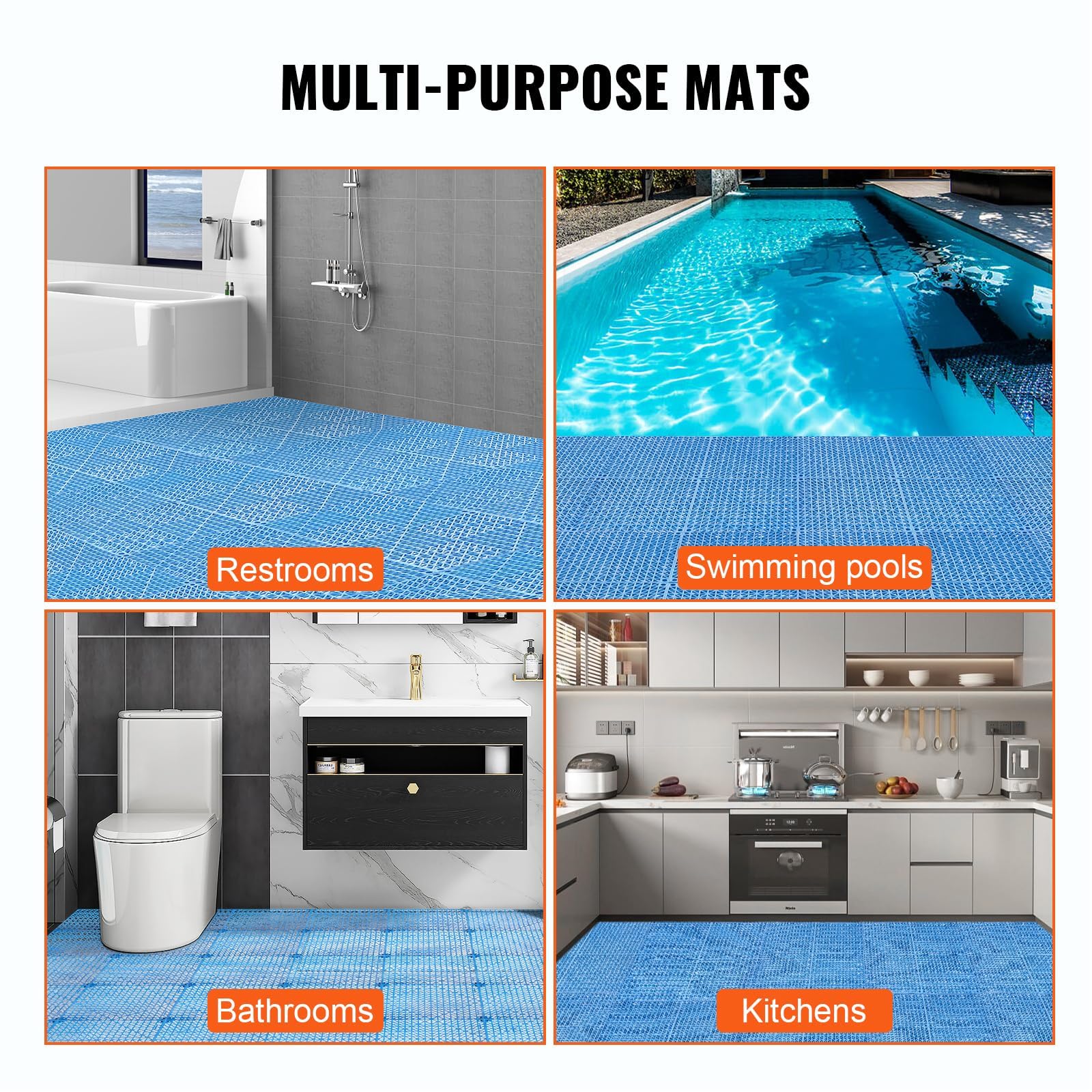 Lot de 50 dalles de sol antidérapantes emboîtables en TPE de 30 x 30 cm – Tapis de drainage imperméables pour piscine, cuisine, patio, terrasse, bateau, balcon – Bleu