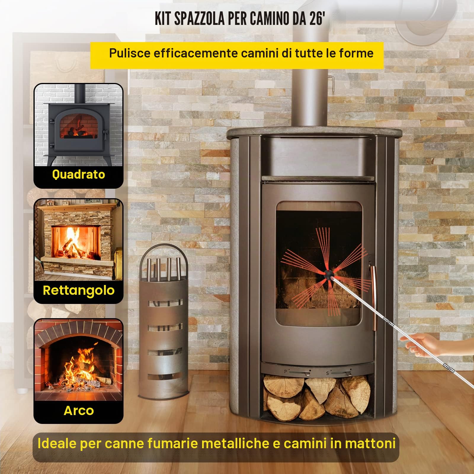 VEVOR Spazzacamino da 8M con 8 Canne in Nylon per Pulizia Camino Stufa Uso Domestico, Set Spazzole per Camino Stufa Kit Pulizia Camino Spazzola Camino Facile da Collegare con 8 Aste con 2 Testina
