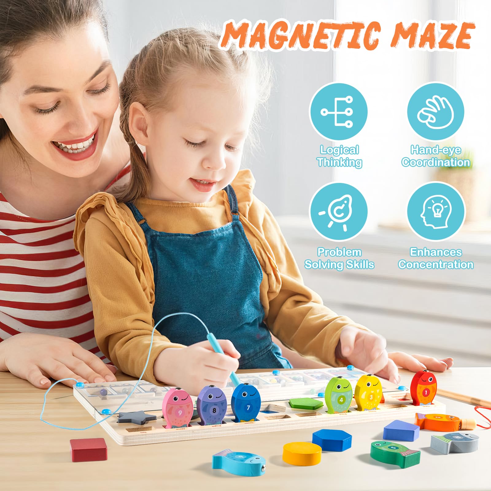 3-in-1 Giocattoli Montessori Multifunzionali per Bambini di 3 4 5 Anni, Labirinto Magnetico di Colori Numeri & Gioco di Pesca, Tavola di Attività in Legno per Ragazzi Ragazze, Regalo Compleanno Natale