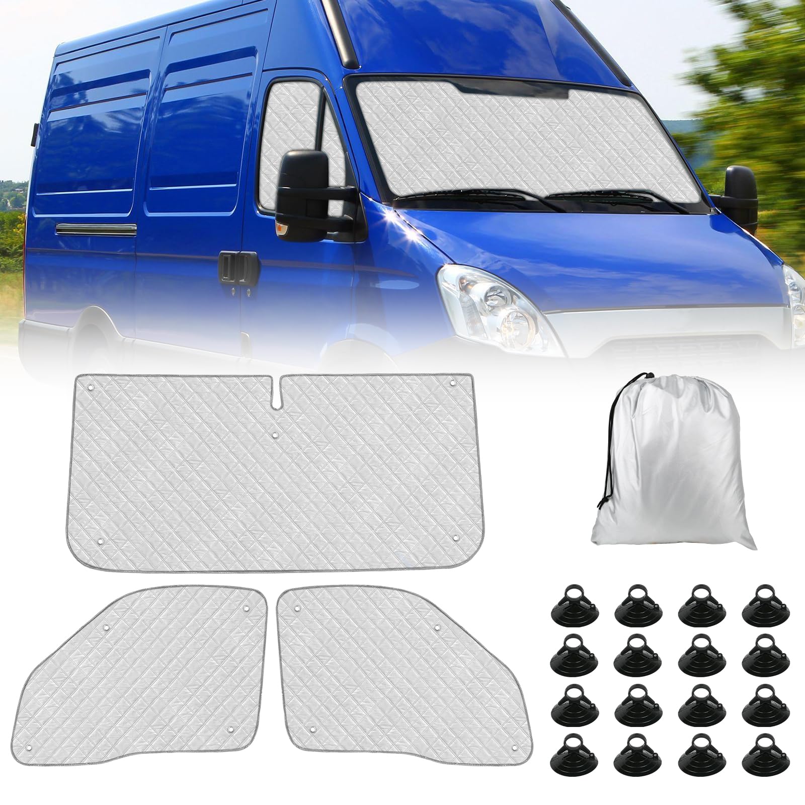 Tapis Thermique Voiture Remplacement pour Iveco Daily 1999-2014 3 Pièces, Protection Solaire Pare-Brise, Ensemble de Pare-Soleil Pliable, Doublure Noire