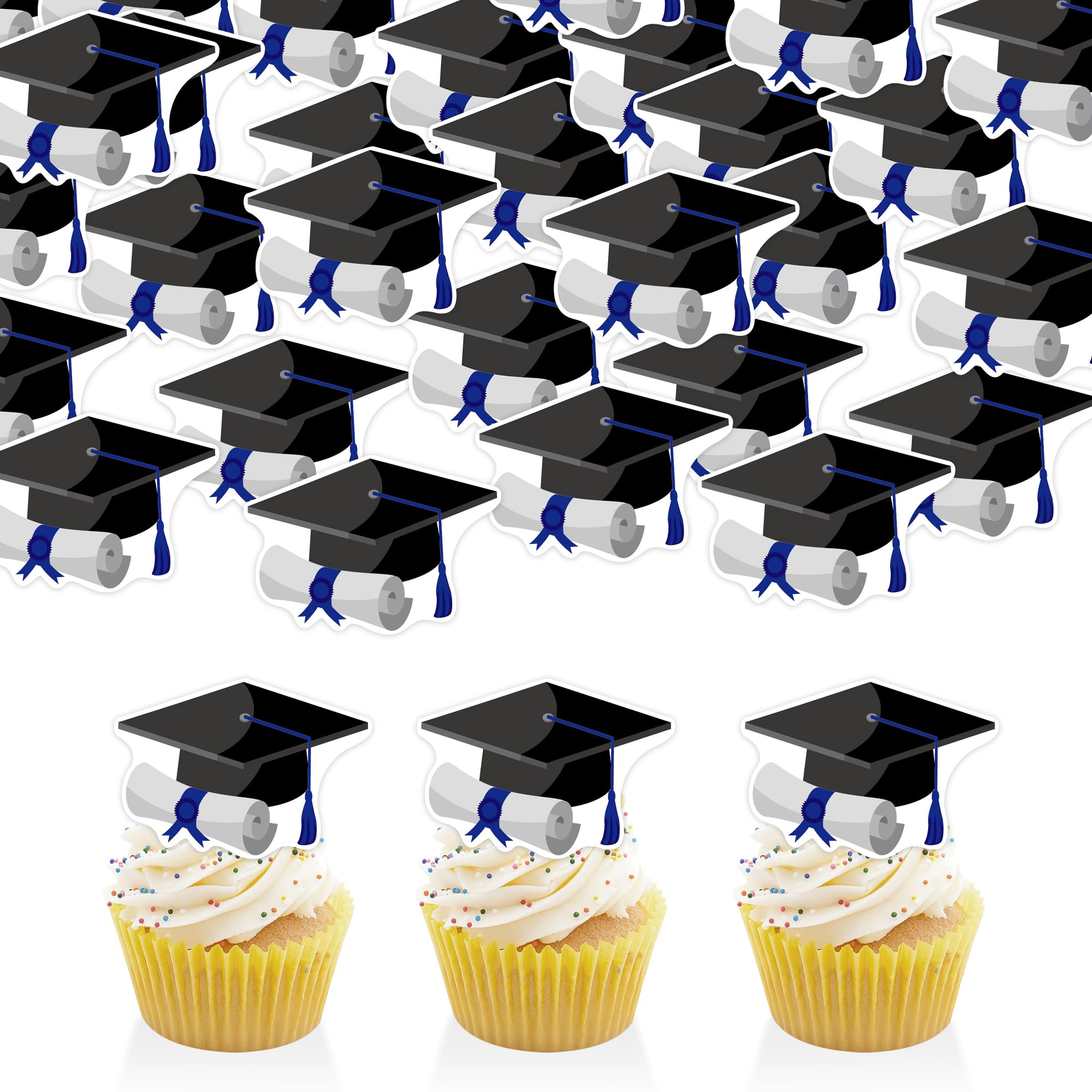 50PCS Graduation Hat Edible Cupcake Toppers Wafer Paper Class of 2026 Grad Cap Cupcake Picks for 2026 Graduation Theme Party Cake Decorations Supplies