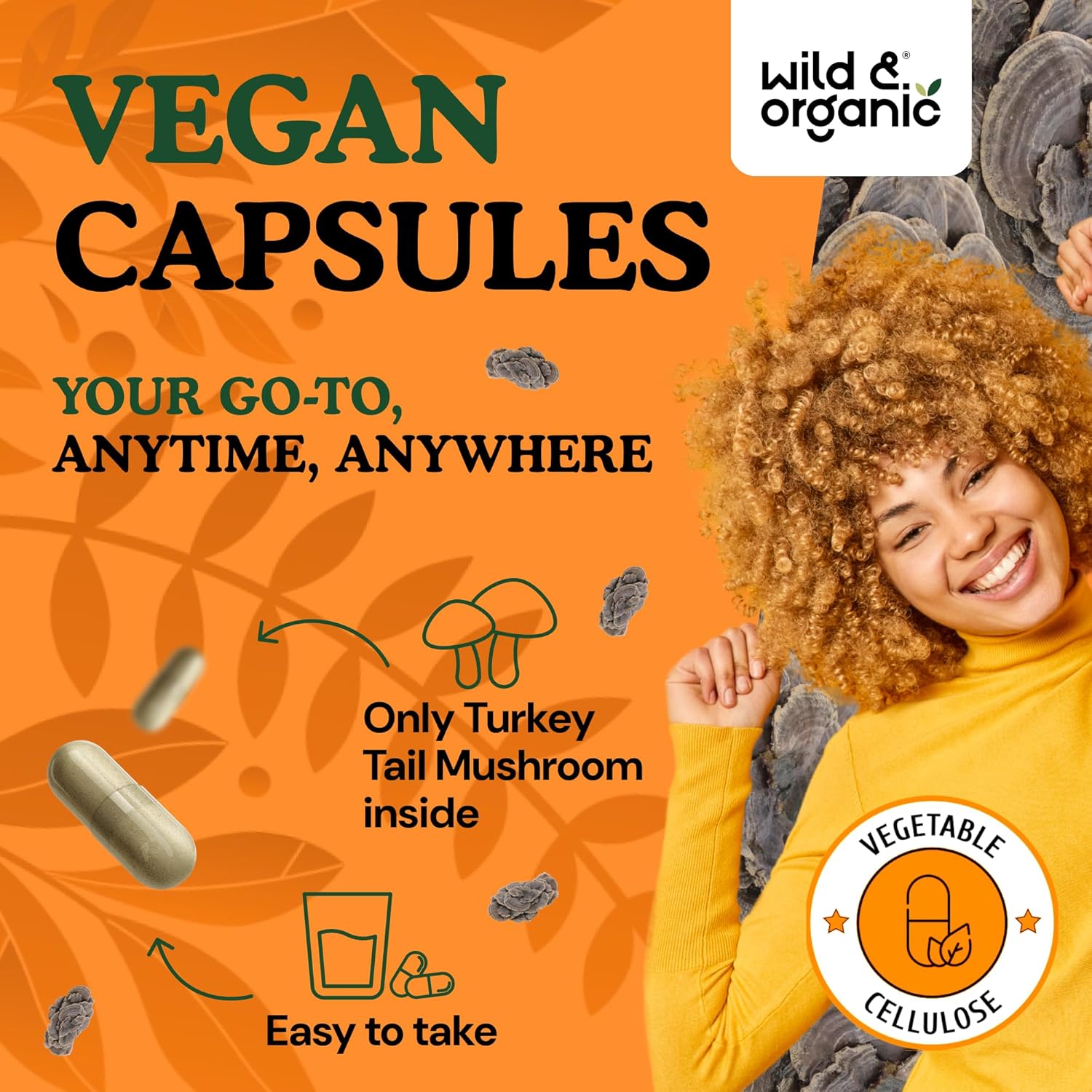 Wild & Organic Turkey Tail Mushroom Capsules 1000 mg - Immune Support - Turkey Tail Mushroom Powder Supplement - Coriolus Versicolor Mycelium Extract - Vegan, No Fillers, Non-GMO - 180 Count - Image 4