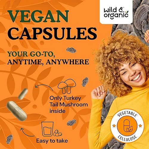 Miniatura 4 de Wild & Organic Cápsulas de hongos de cola de pavo de 1000 mg - Apoyo inmunológico - Suplemento en polvo de hongo cola de pavo - Extracto de micelio