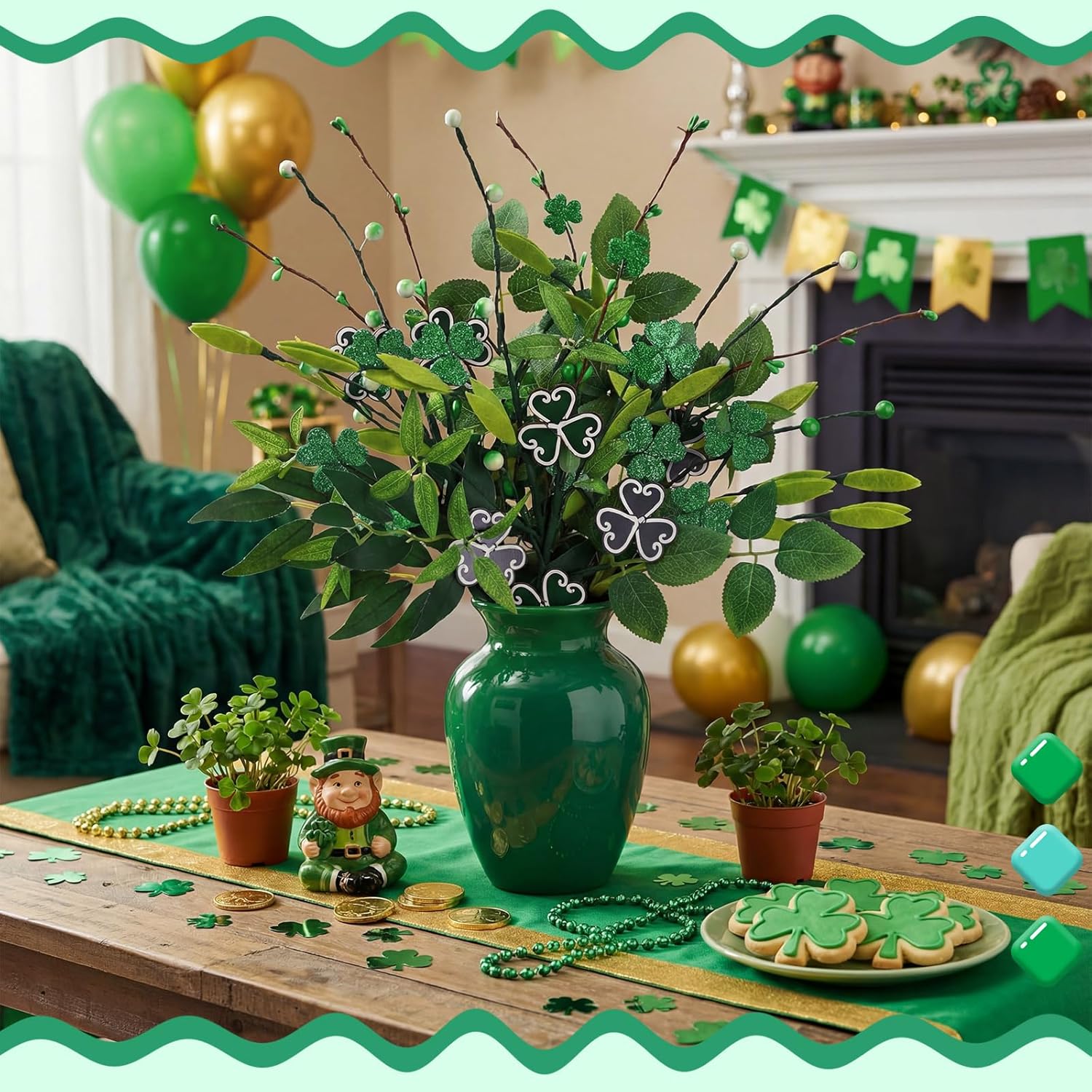 Thiccywoov 10 Pcs St Patrick's Day Decorations 15.75'' St Patrick's Day Picks Artificial Shamrock Green Berry Stems Irish Floral Picks for Tree Home Table Centerpiece Holiday Party Vase Decor