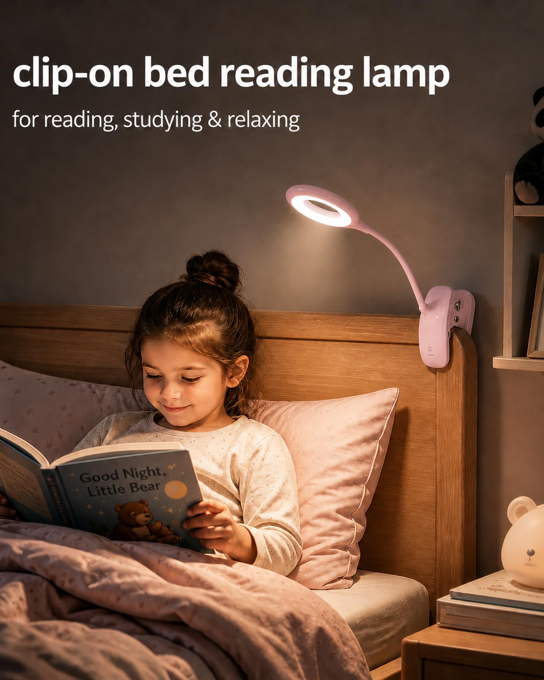 Lampada da lettura a clip, 5 W per testiera del letto, lampada da lettura alimentata a batteria, dimmerabile al tatto, luce da lettura ricaricabile tramite USB, luce a morsetto per braccio