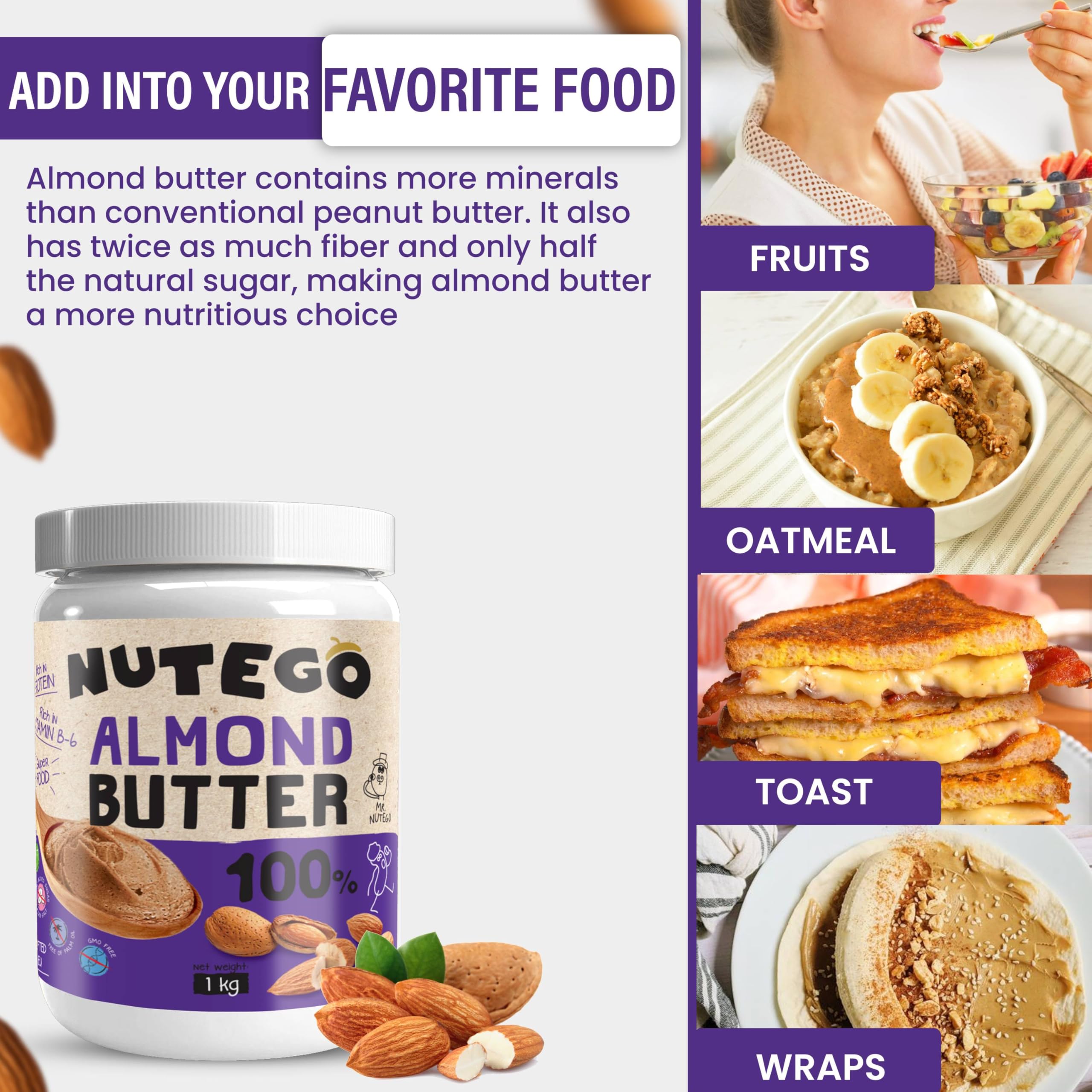 Nutego 100% Beurre d'Amande Crémeux 1 KG – Farine d'Amande Pure – Sans Additifs, Sans Sel, Sucre, Huile de Palme – Végan, Sans Lactose, Sans OGM