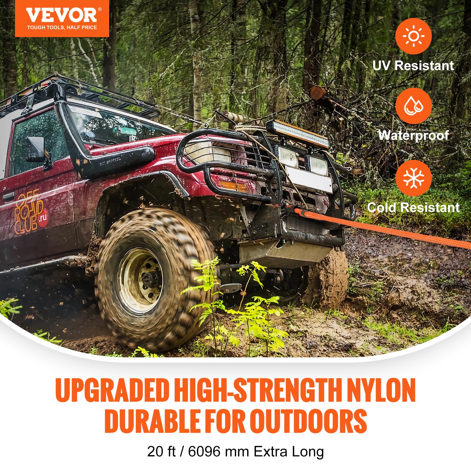 VEVOR Cuerda de Remolque de Nilón de Recuperación Cinética de 25,4 mm x 6,1 m, Carga de 17237 kg, Correa de Arranque Resistente de Energía de Elasticidad Extrema para Jeep, Camión, SUV, Tractor