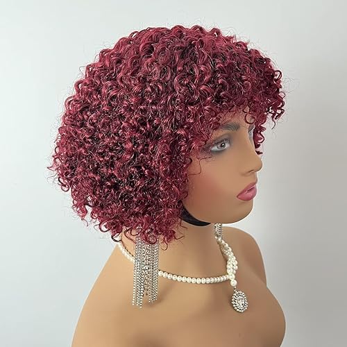Miniatura 8 de IMAYLI Pelucas de cabello humano con flequillo, peluca de cabello humano rizado de densidad 200, pelucas cortas ombré, peluca rizada profunda con