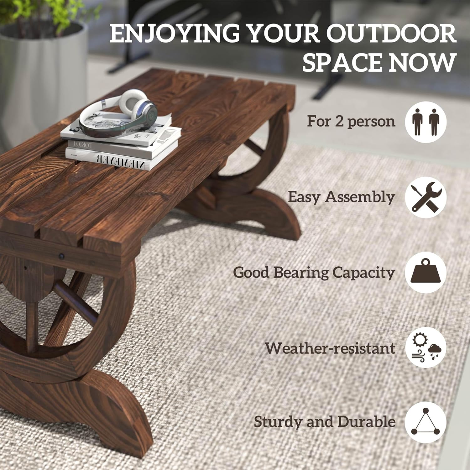 Outsunny 2-Person Wooden Garden Bench, Outdoor Wagon Wheel Porch Bench for Backyard Garden, Support 550 LBS, Rustic Country Style Patio Furniture, Brown