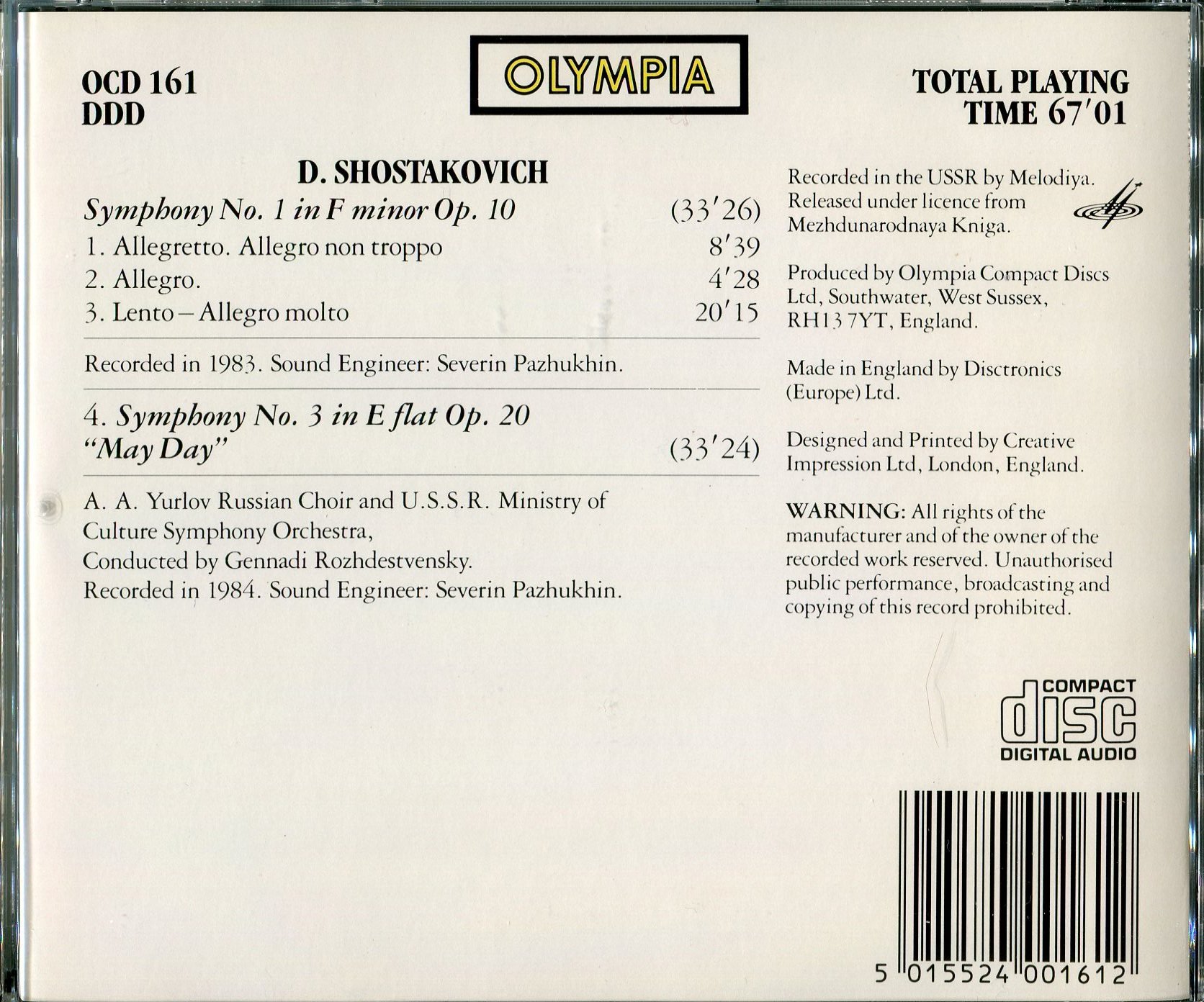 Shostakovich Symphonies No.1 & No.3 [UK