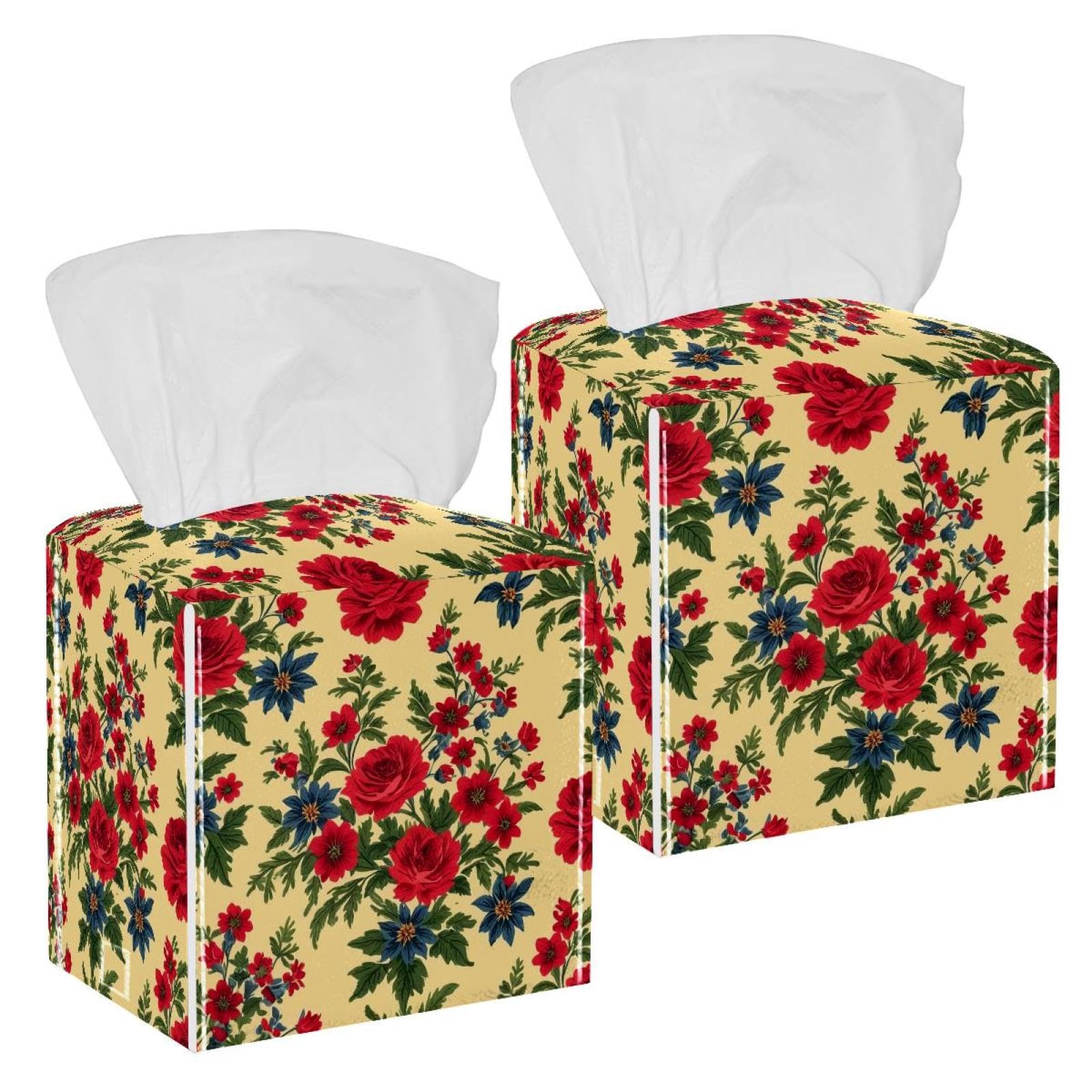 Aesthetic Flower Tissue Box Cover, 2 Pack PU Leather Square Facial Tissue Dispenser Box holder for Home Office Car
