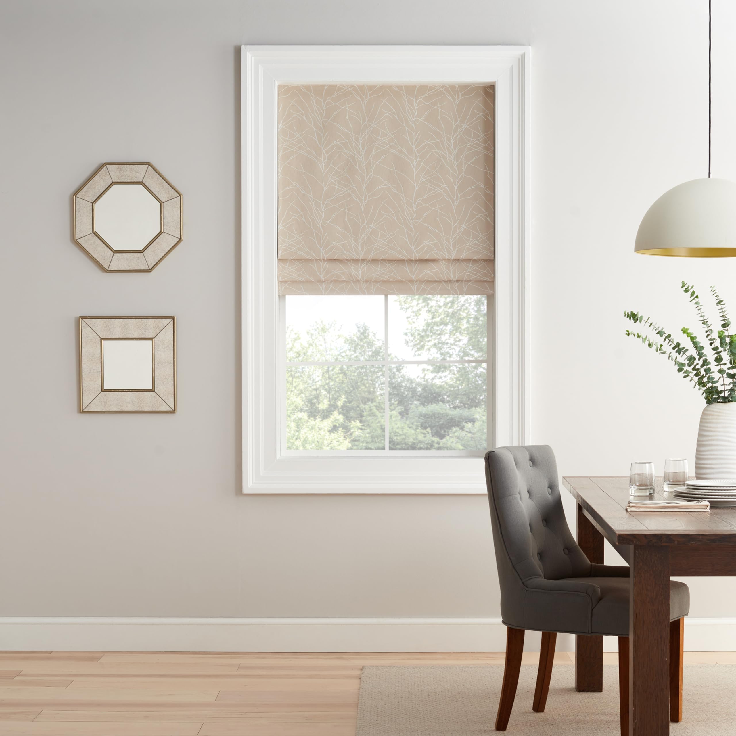 eclipse branches roman shade for windows, cordless 100% blackout shade, 23 in wide x 64 in long, noise reducing, energy efficient and woven design window shade for living room, bedroom, champagne
