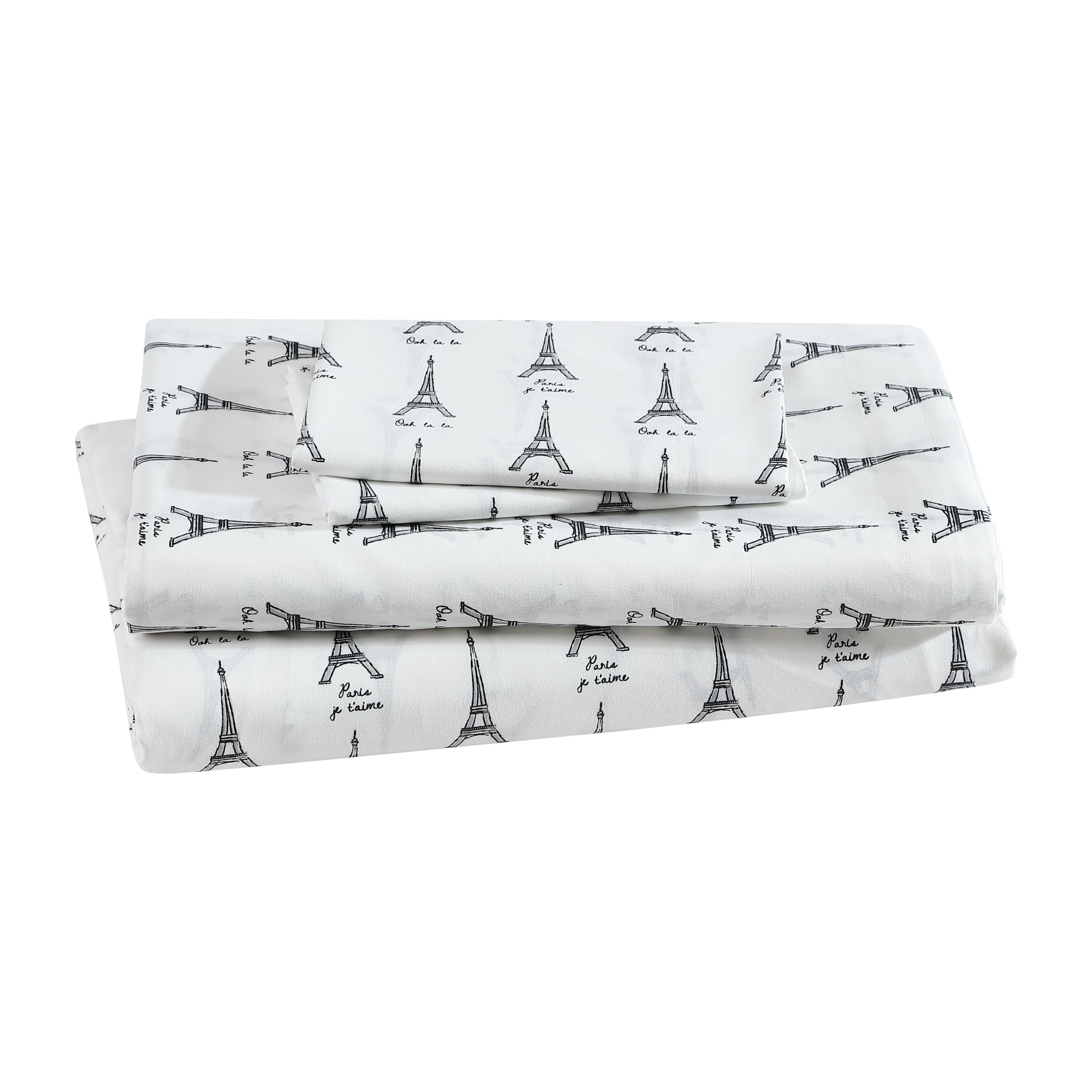 Beatrice Home Fashions Printed Microfiber Sheet Set, Soft Comfortable Easy Care, Includes 1 Fitted Sheet with 12" Deep Pockets, 1 Flat Sheet, Pillowcase, Queen, White Paris