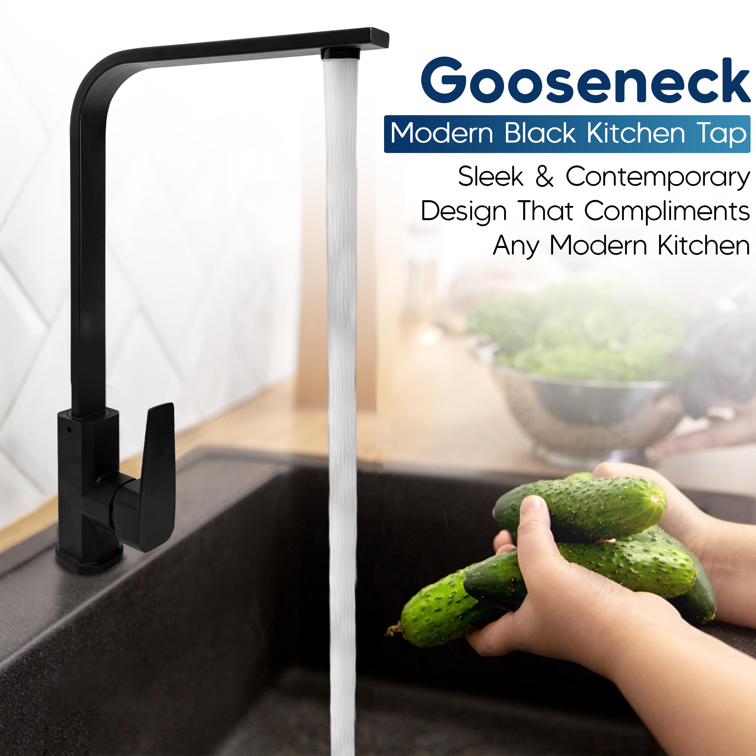 MSC Gooseneck Modern Black Kitchen Taps with 360° Swivel Spout, Kitchen Mixer Tap for Kitchen Sink with 1 Hole Single Lever - Image 2