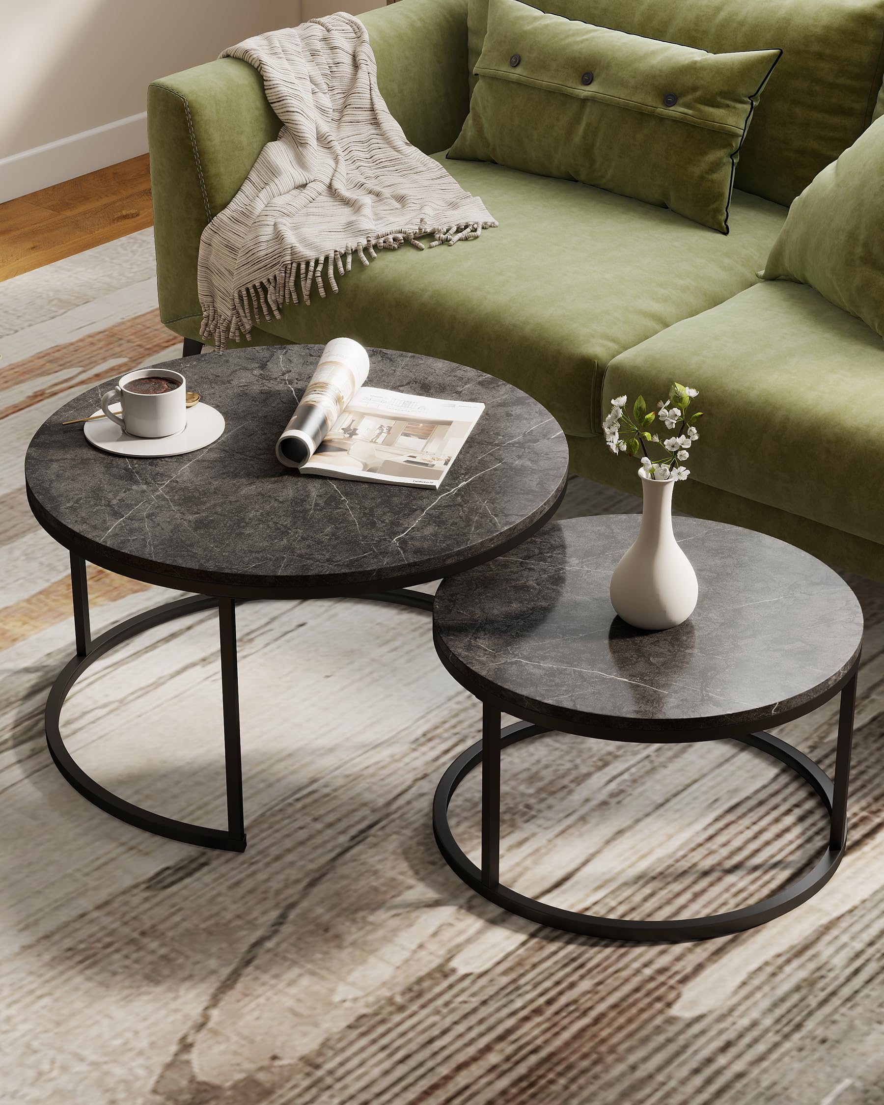 Mesa de Centro Redonda Moderna 2 Piezas 80+60 cm, Mesas Auxiliares para Salón Efecto Mármol Gris y Estructura Metálica Gris Mesa Centro Salon Elegante para Muebles de Salón