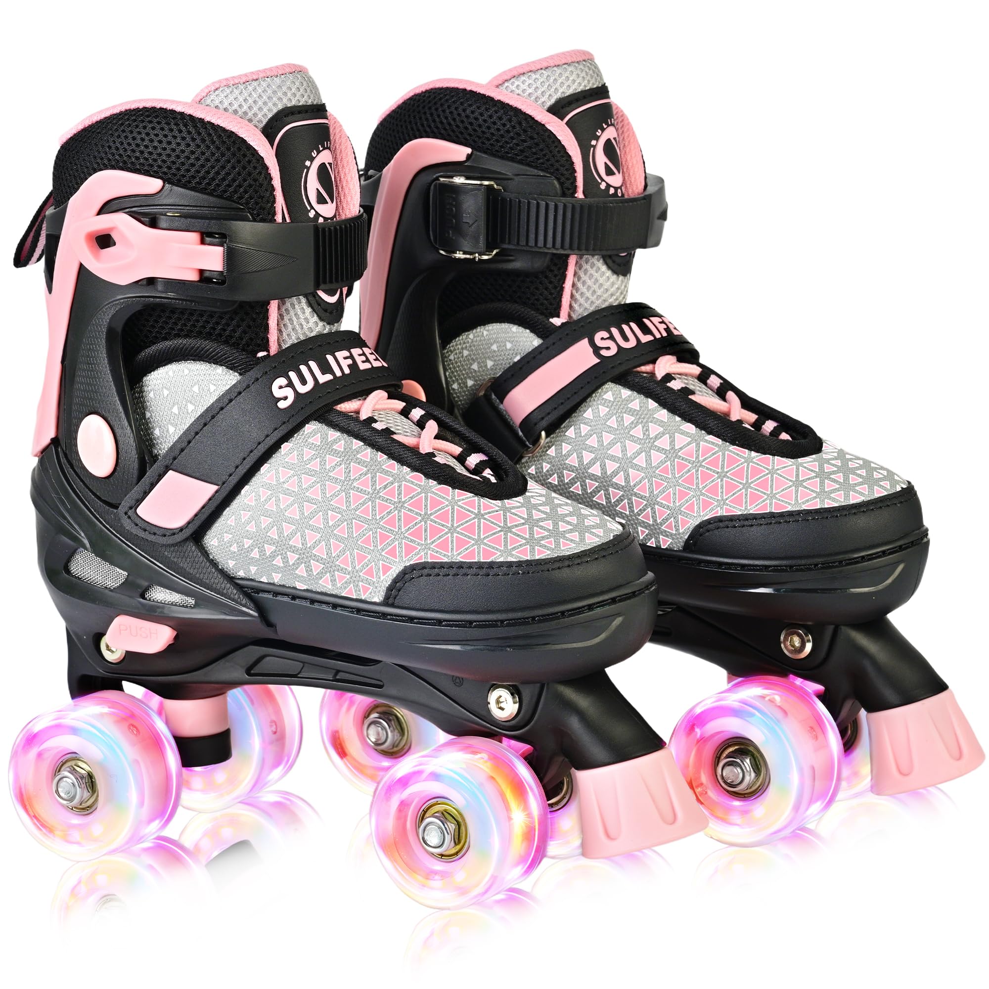 Photo 1 of !!!HAVE BEEN UJSED!!!SULIFEEL 4 Sizes Adjustable Roller Skates for Kids, Quad Skates with Light up Wheels, Safe Fun Children Big Kids Skates for Ages 5-8, Best Gift for Beginners Outdoor Skates Sports (Pink, Medium)