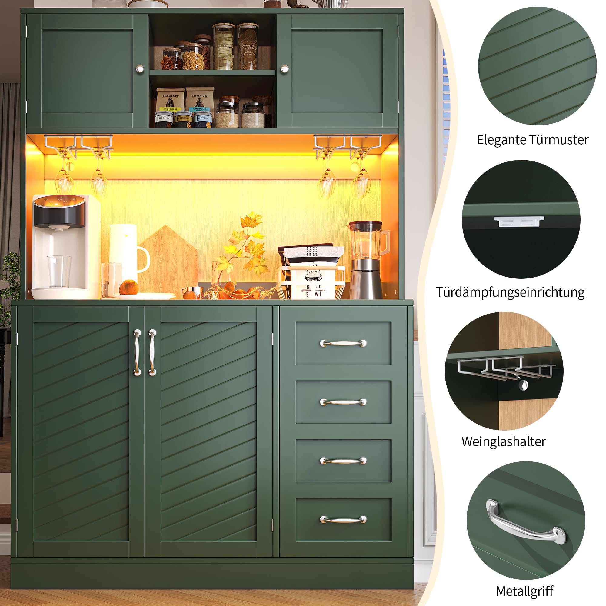Küchenschrank Hochschrank mit Arbeitsplatte und LED-Licht, Küchenbuffet Buffetschrank mit Getränkehaltern und 4 Türen, Highboard Schrank mit Schubladen und Snackregal, Grün, 120x40x188 cm
