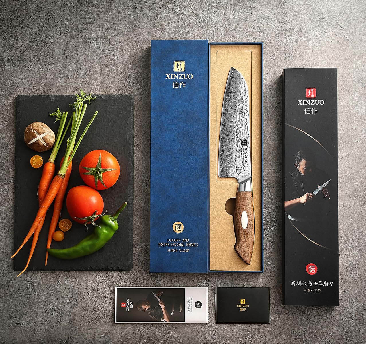 XINZUO 18.5cm Cuchillo Santoku Japonés AUS-10 Acero Damasco,Patrón Martillado Cuchillo de Cocina para Verduras,Forjado a Mano Cuchillo de Cocinero Chef Multifuncional-Mango de Madera de Nogal Negro