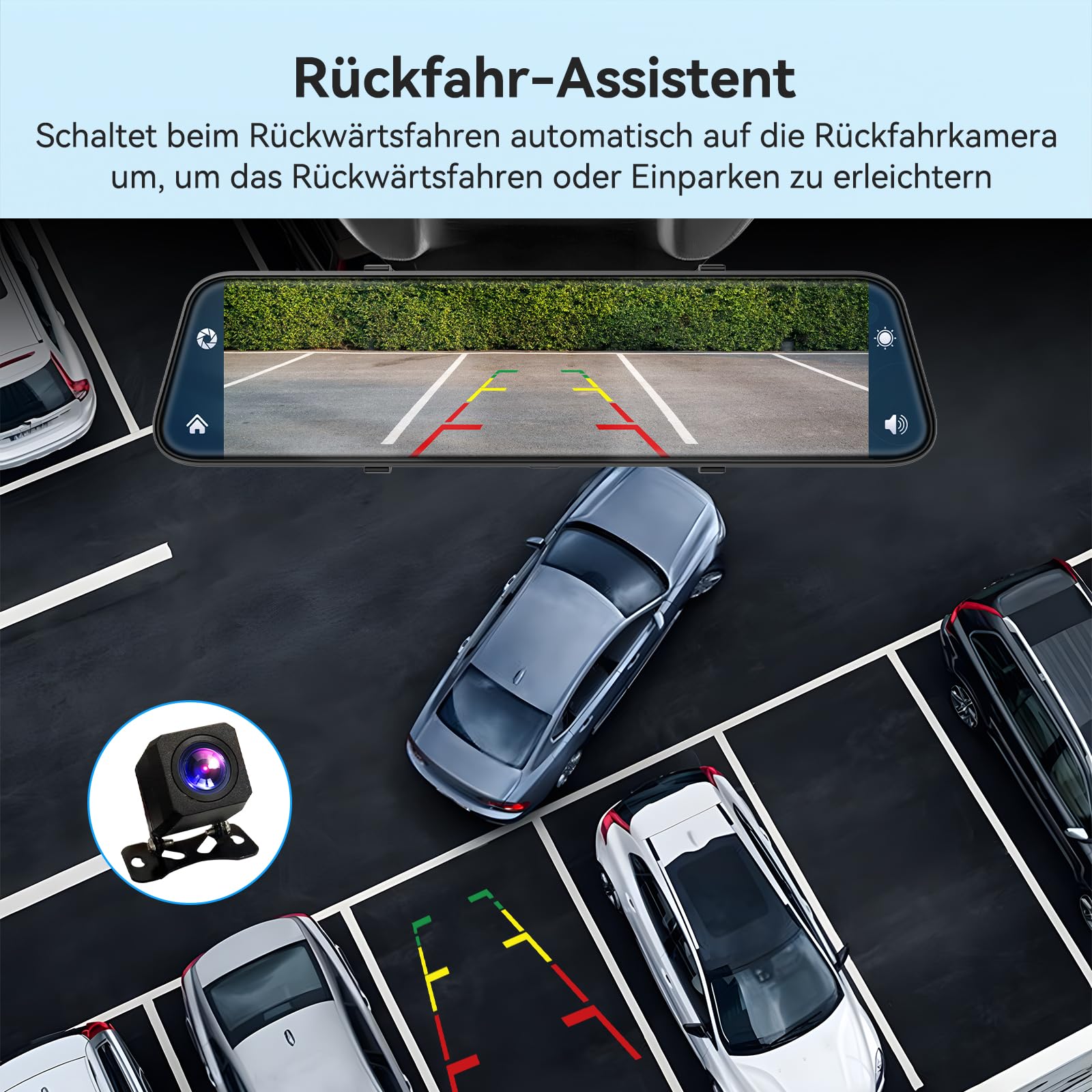 Herilary 12 Zoll 4K Rückfahrkamera Spiegel mit Wireless Android Auto CarPlay, Dashcam Spiegel mit G-Sensor, Loop-Aufnahme, Einparkhilfe, Bluetooth, Mirror Link, AUX, SD-Karte, WDR, HD Touchscreen