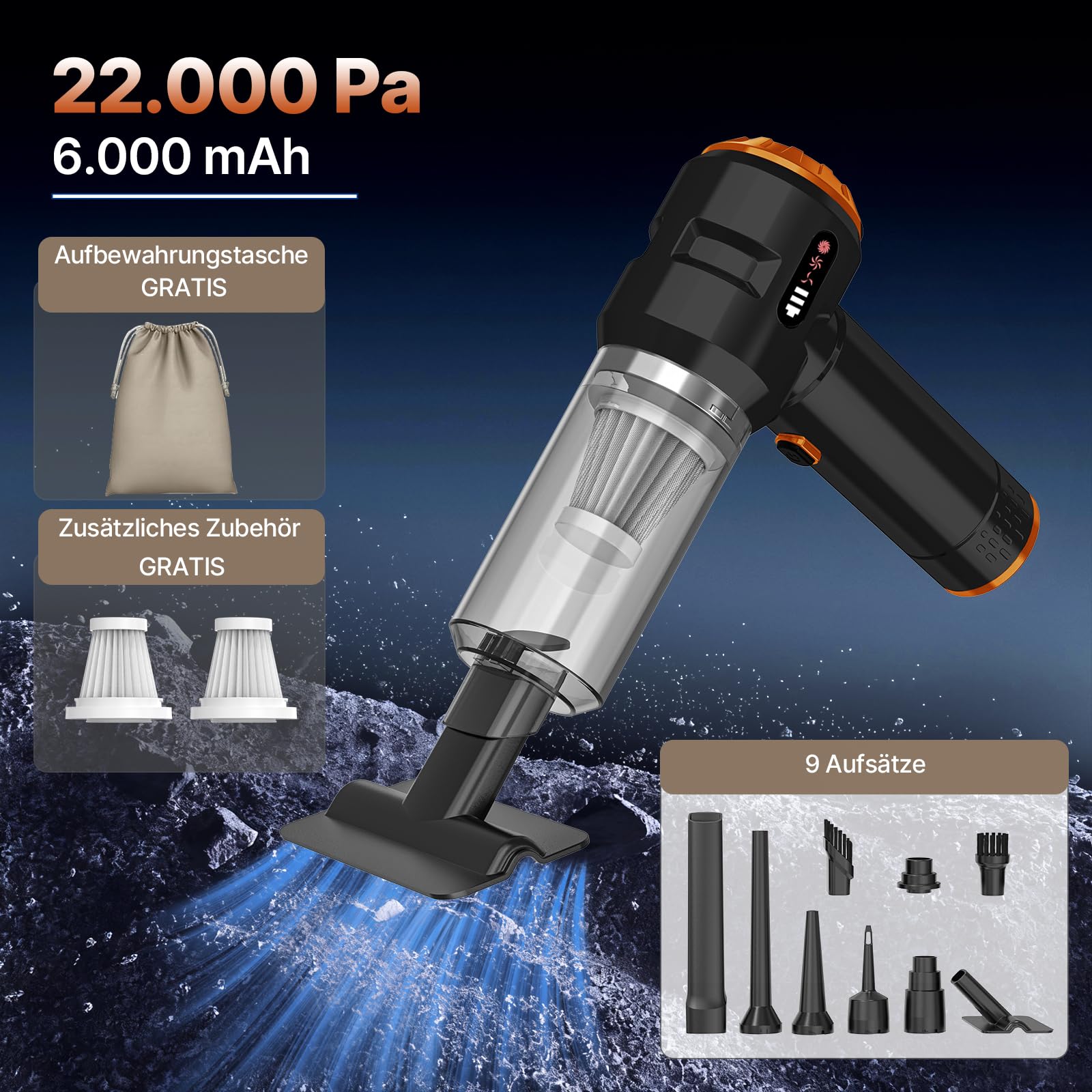 Piwaal Aspirateur à Main Sans Fil 4 En 1 22000 Pa, Avec Moteur Sans Balais Et Buse D'air Comprimé 220 000 Tr/min, Pour Poils D'animaux, Voiture, Maison, Bureau, Ordinateur, Noir