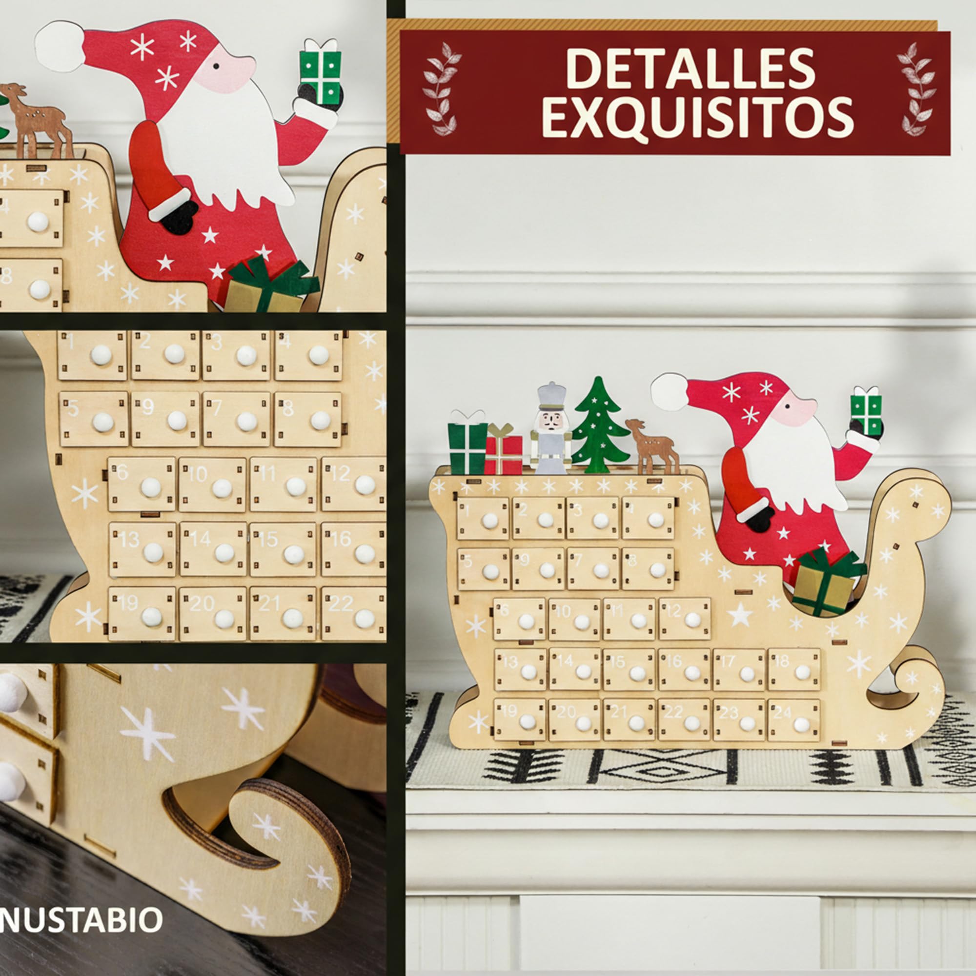 HOMCOM Calendario de Adviento de Madera con 24 Cajones 22,5x8x36cm Natural | Calendario de Adviento de Navidad Reutilizable, Decorado con Papá Noel en Trineo, Decoración Navideña para Rellenar