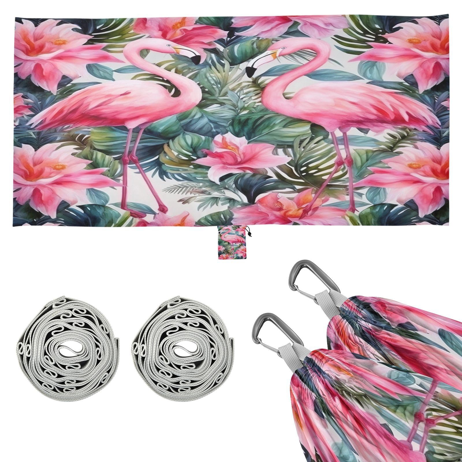 SDMKA Pink Flamingos Camping Hammock, 330 lbs with 2 Tree Straps, Carry Bag, Single Portable Hammock for Outdoor/Indoor, Hiking, Beach, Backpacking, Travel