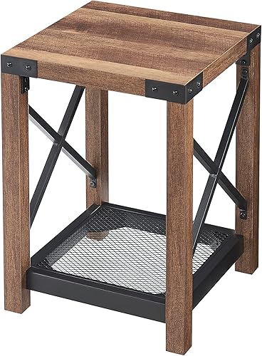 Miniatura 6 de NewCosmos Farmhouse Wood Side Table Nightstand with Mesh Shelf 2-Tier End Table X-Design Side Night Stand Storage Shelf for Living Room Bedroom Brown