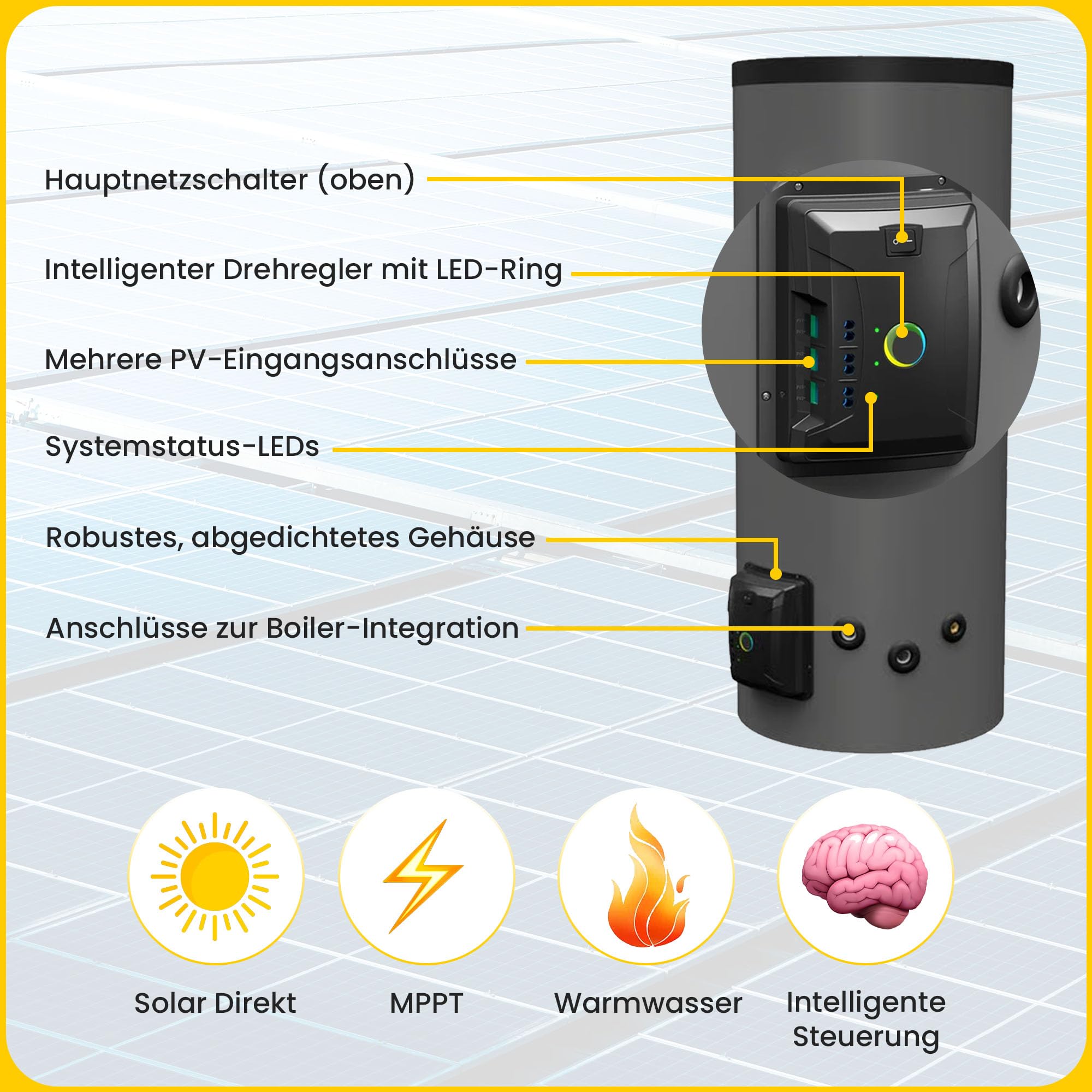 Calentador de agua solar Offgridtec 450W con caldera híbrida Fothermo 30L, listo para usar, fuente de alimentación de emergencia 230 V hasta 1500 W, 65 °C máx. Rendimiento del 22,52%, IP24/IP68