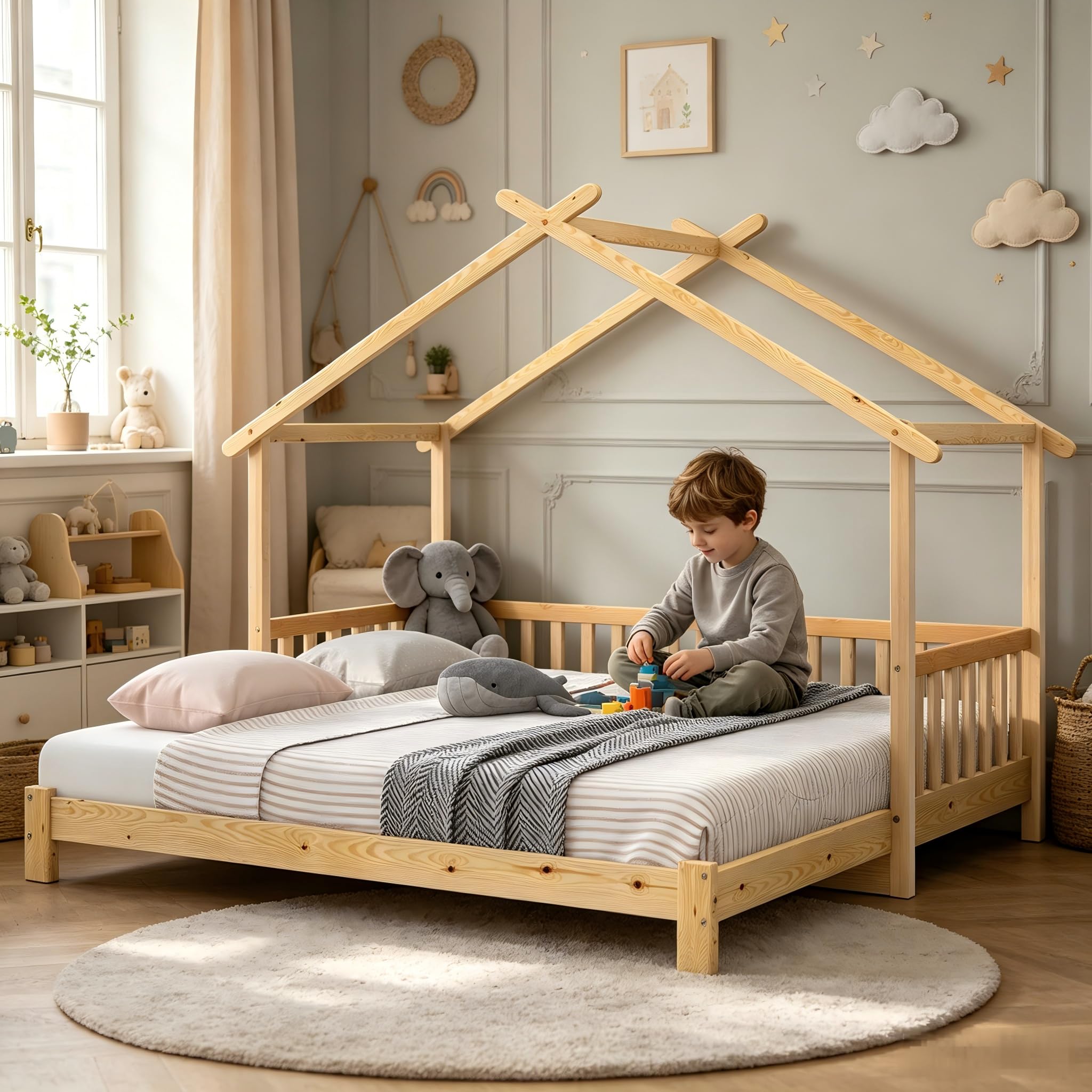 Lexiou Cama en Forma de casa, Cama Infantil,Cama para niños Casita,Cama de Suelo Montessori,Cama Doble,90 x 200 y 180 x 200 cm,Apto para Niños o Adolescentes Niños y Niñas