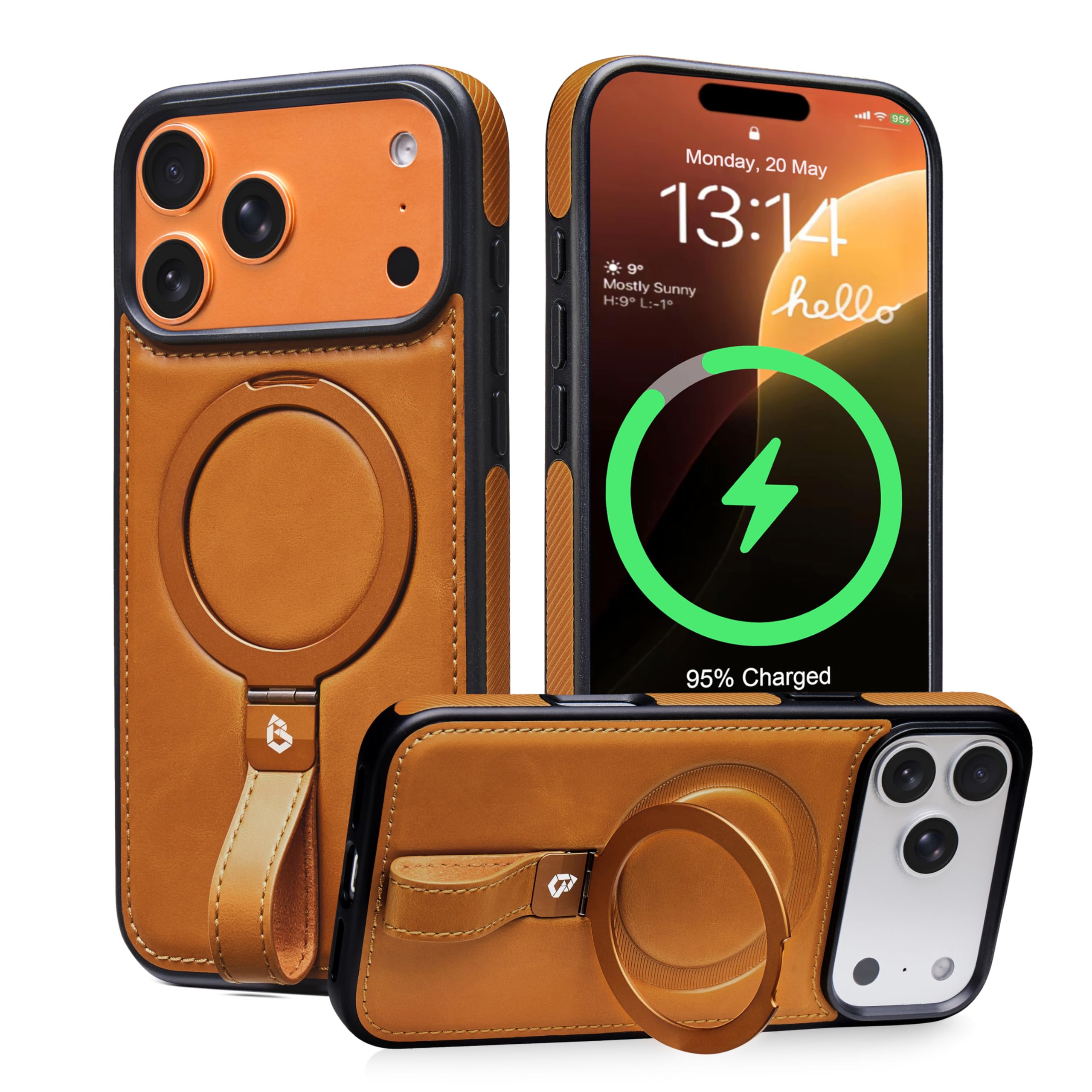 Butaiga for iPhone 17 Pro Case Leather Strap with Ring Stand, Brown | Finger Loop, Relieve Smartphone Pinky Strain, Kickstand, Fit for Magsafe, Slim Fit, Anti-Slip, Texture Grip, Shockproof