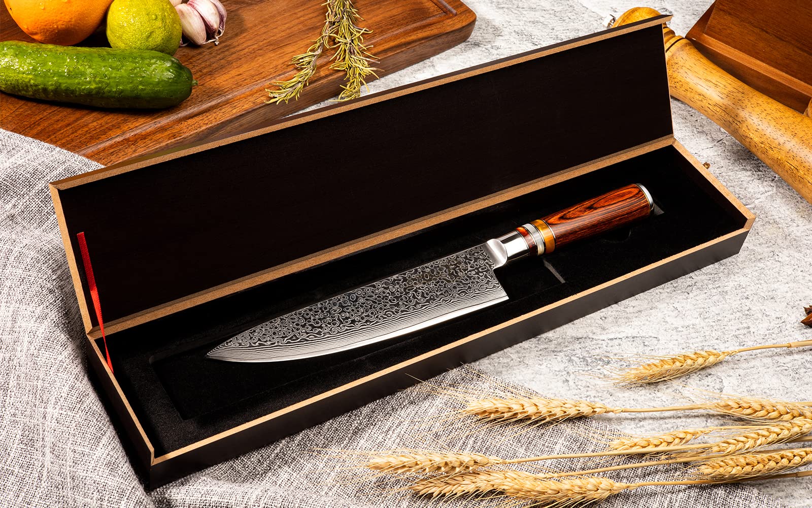 Afilado Cuchillo de Damasco 20cm, FANTECK Japonés Cuchillo de Cocinero VG10 67 Capas de Acero, Cuchillo de Cocina Cuchillo Verduras Gyuto Cuchillo de Chef Damasco - Mango de Madera Pakkawood