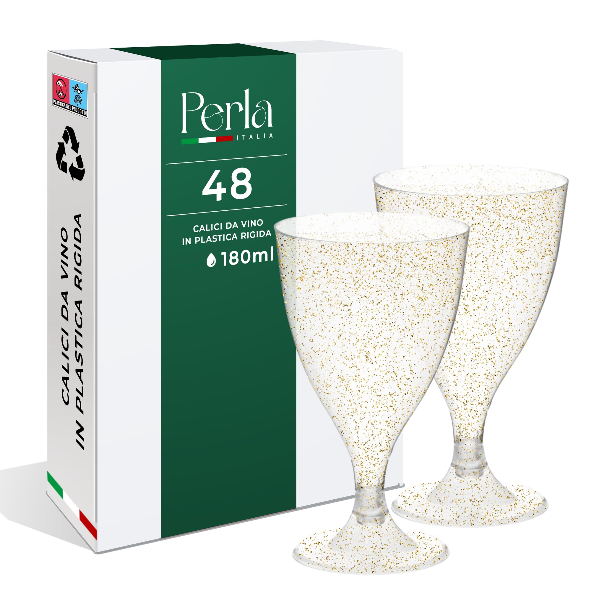 Perla - 48 Calici da Vino in Plastica Rigida - Trasparente con Glitter Dorati da 180ml - Bicchieri Resistenti e Riutilizzabili - Bicchiere Calice Vino per Compleanni Matrimoni e Feste