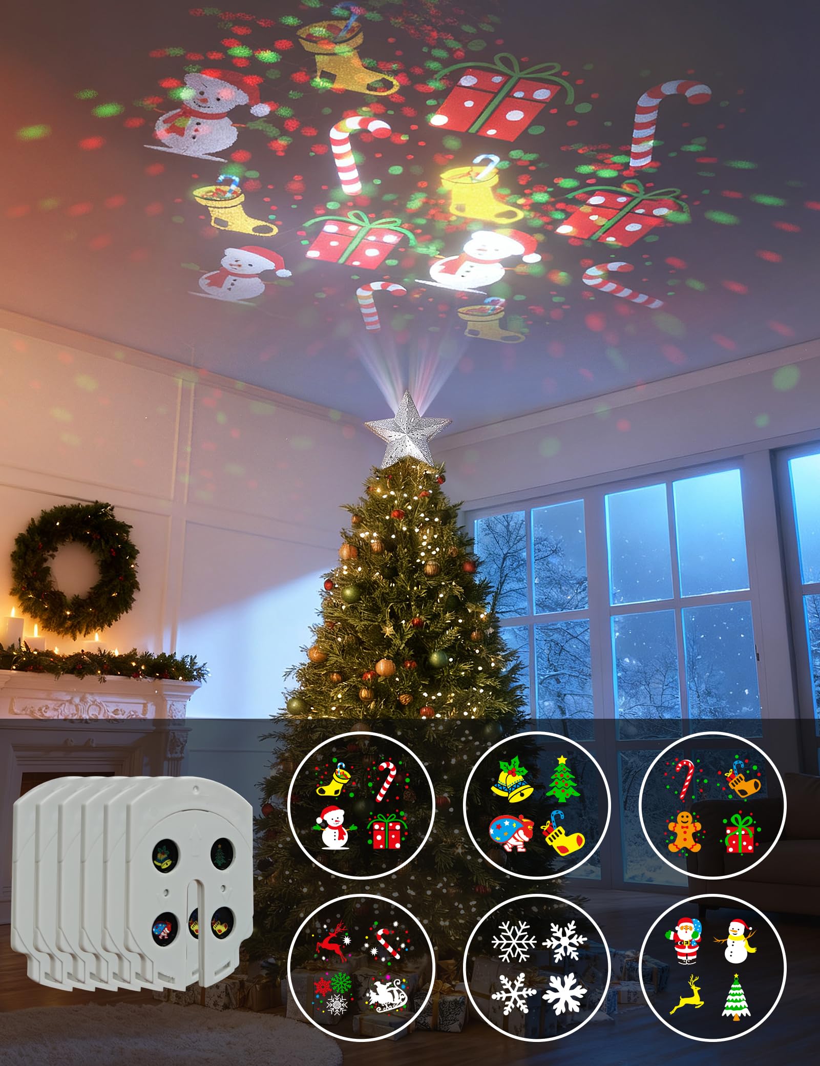 DG-Direct Cimier de sapin de Noël lumineux avec 6 motifs projetés, étoile 3D creuse étincelante avec projecteur magique rotatif pour décoration de sapin de Noël (argenté)