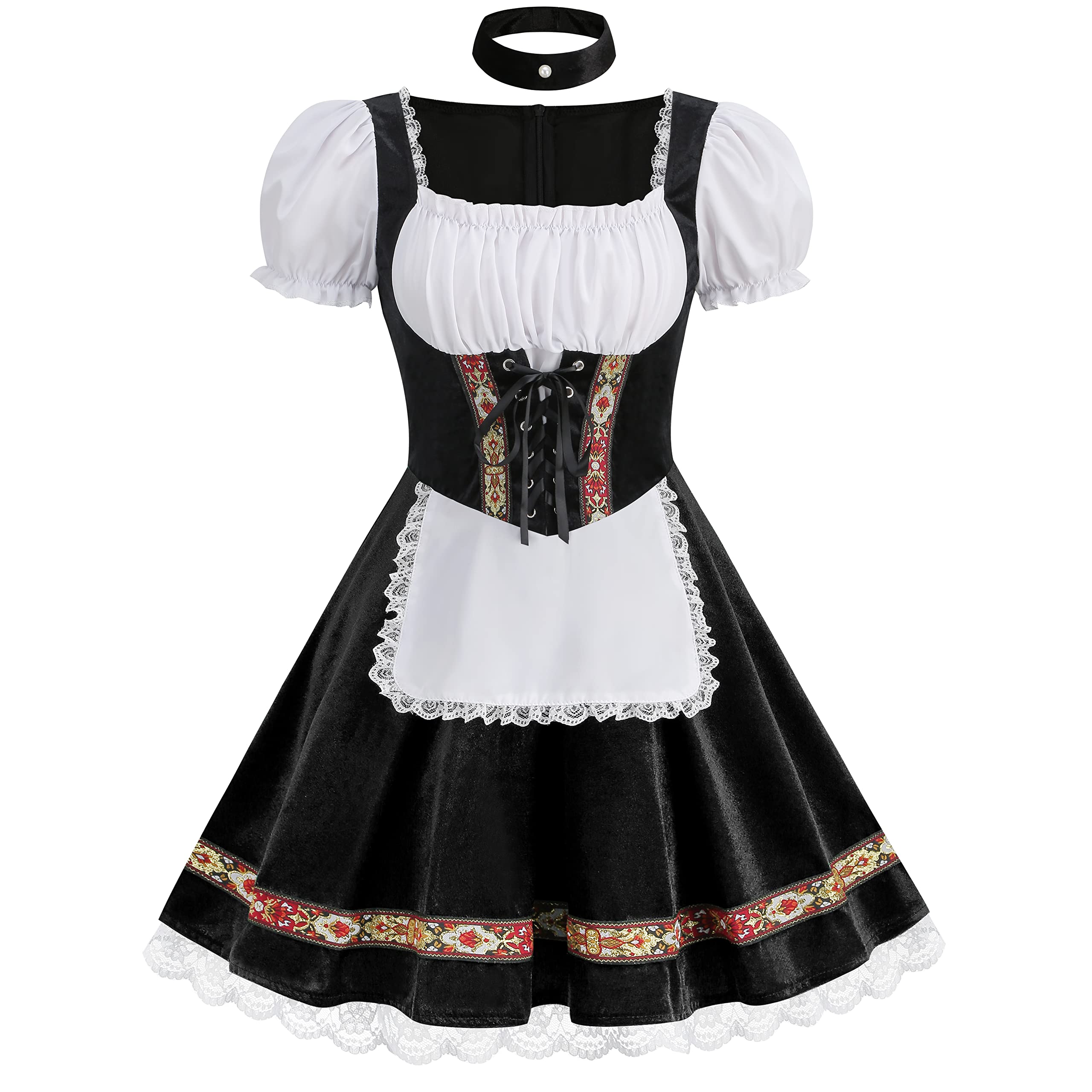 maxToonrain Oktoberfest Outfit Women Red,Women's German Beer Bavarnian Traditional Short Sleeve Velvet Halloween Costume Fancy Maid Dress for Womens(Black M)